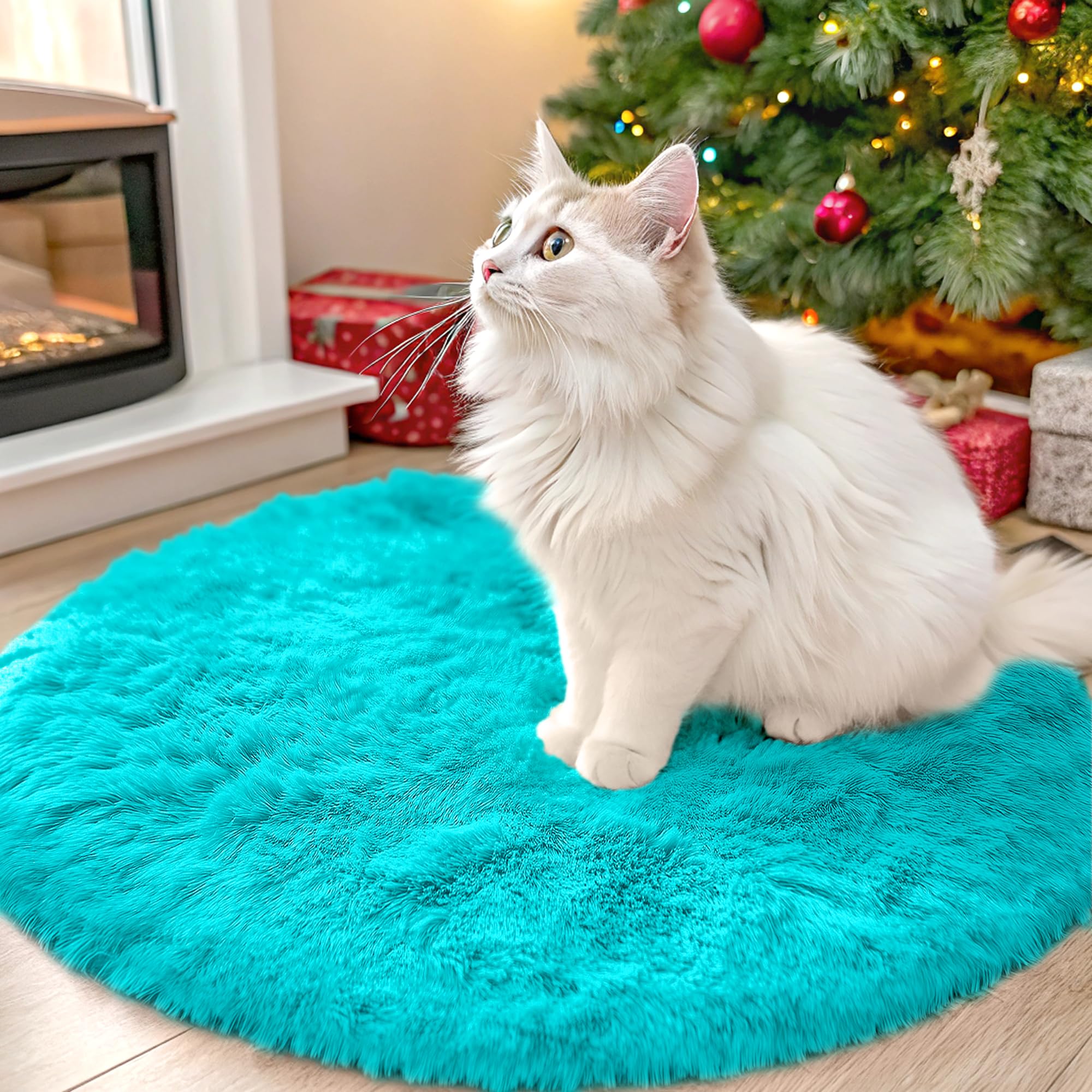 OLANLY Teal Blue Round Rugs for Bedroom - Machine Washable, 2 ft Circle Area Rugs for Living Room, Soft and Fluffy Shaggy Carpet for Teen Girls and