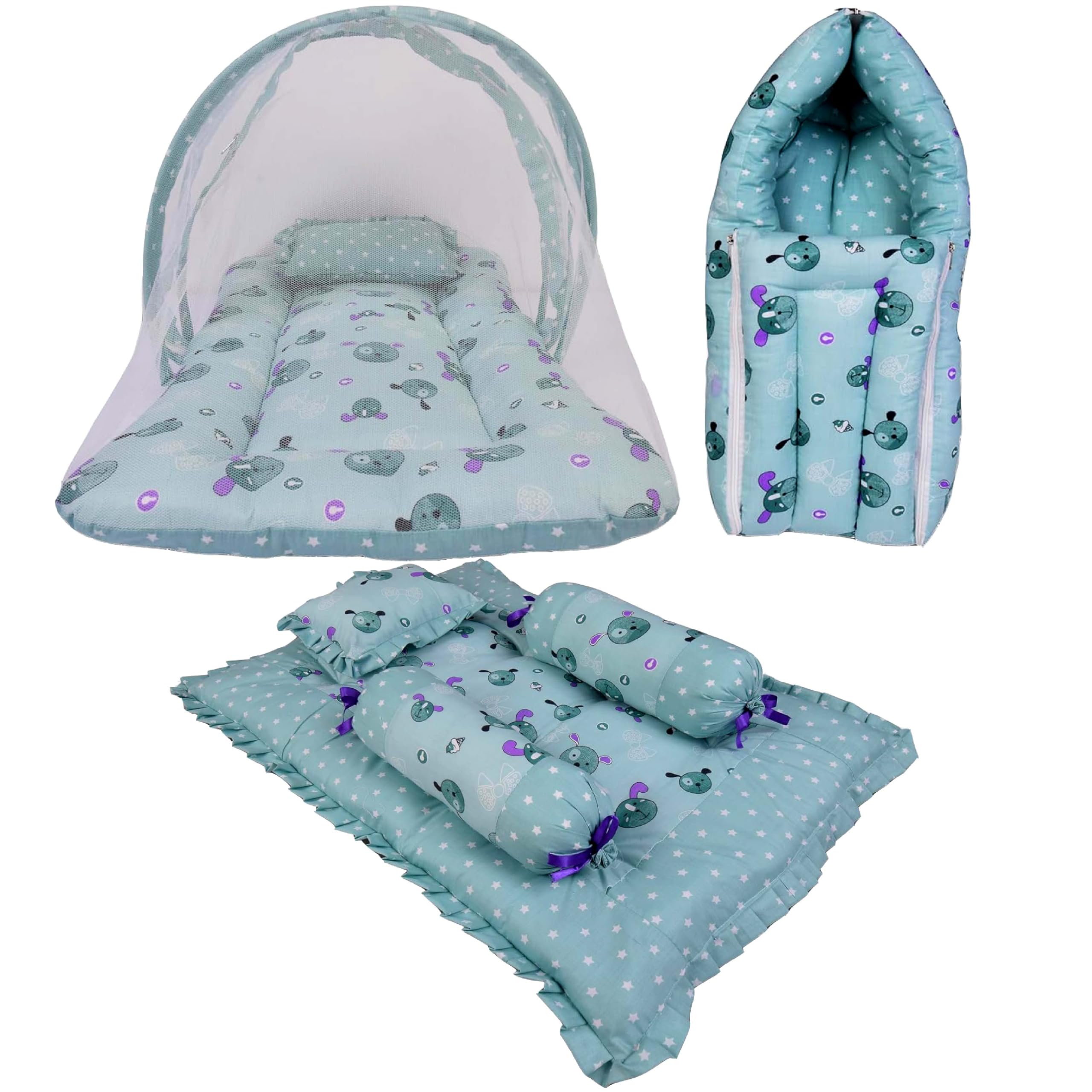 Kwitchy Baby Bed New Born Baby Bedding Set | Mattress | Mosquito Net | Sleeping Bag | Carry Nest | Baby Shower | Gift Pack | Essential Combo | Infants Beds | Gadda Set (0-6 Months, Green) (3PCS Set)-image-4