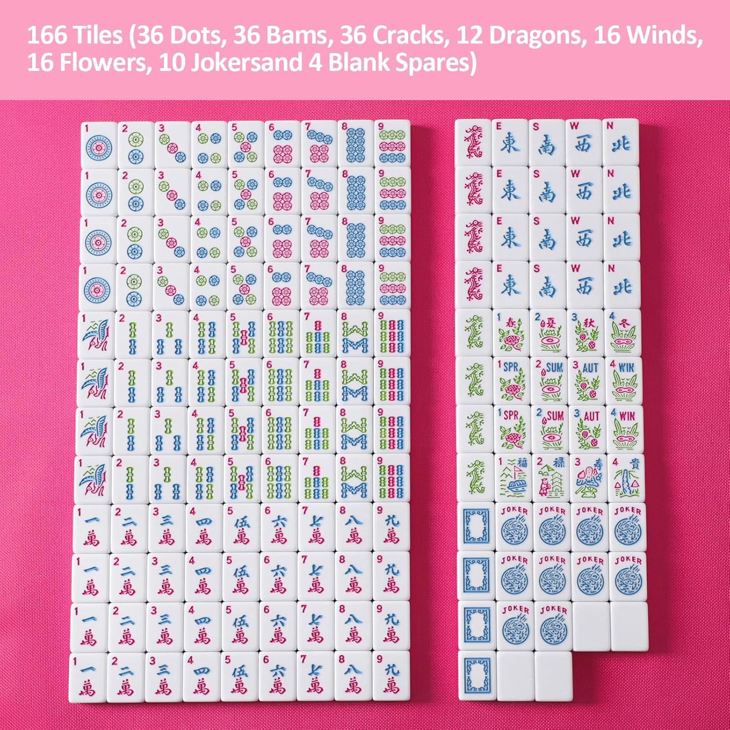 American Mahjong Game Set, 166 Pink Tiles (1.2”), 4 All-in-One Color Rack/Pushers & Drawstring Bag, Complete Mahjong Sets with Pink Printed Carrying Bag and Mahjong Tile Set Accessories