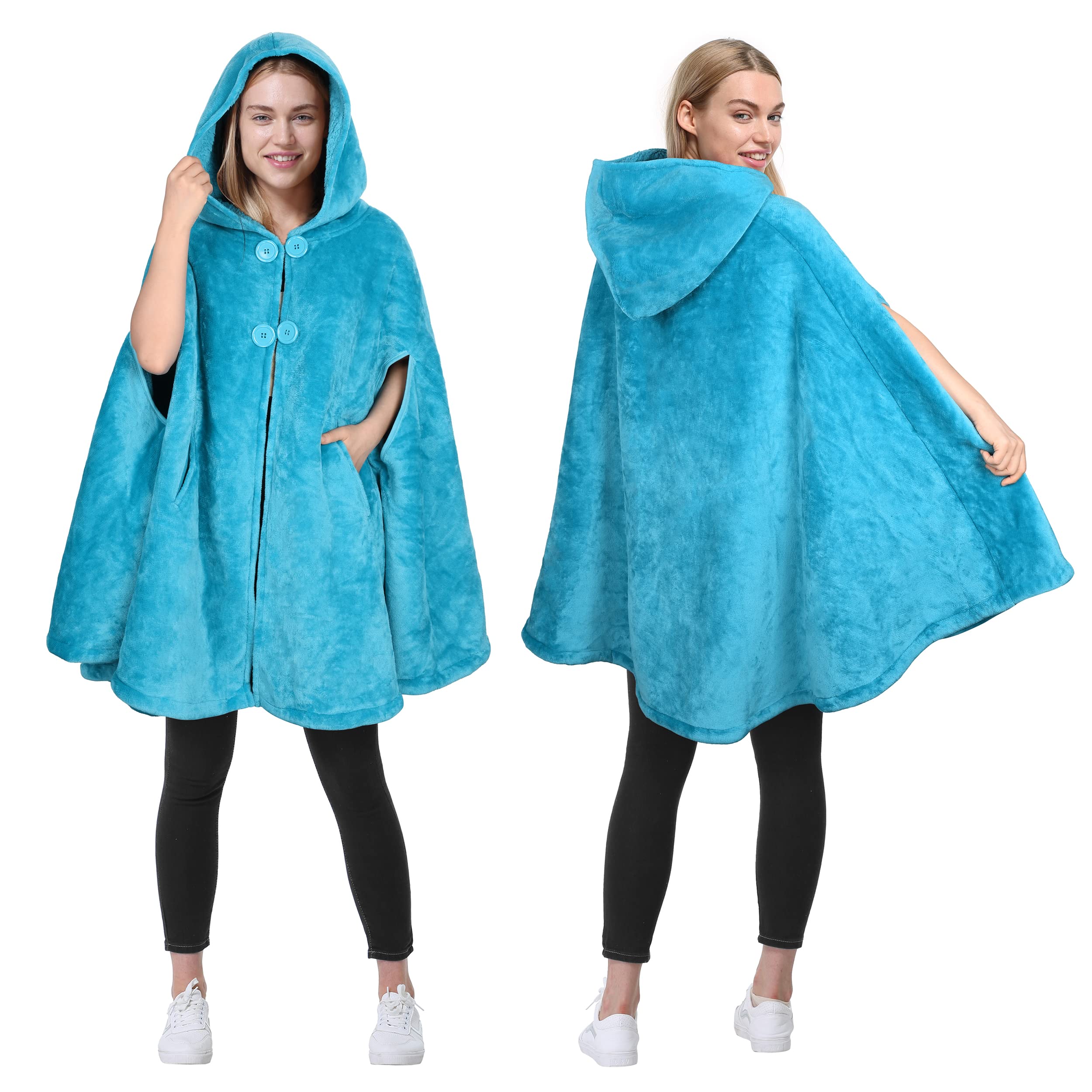 Catalonia Classy Women's Both Sides/Blue Fleece Cape Coat For Super Soft Warm Hood Poncho, Wheelchair Blanket Winter Warm Shawls, Sherpa Fleece Cloak Coat With Buttons,