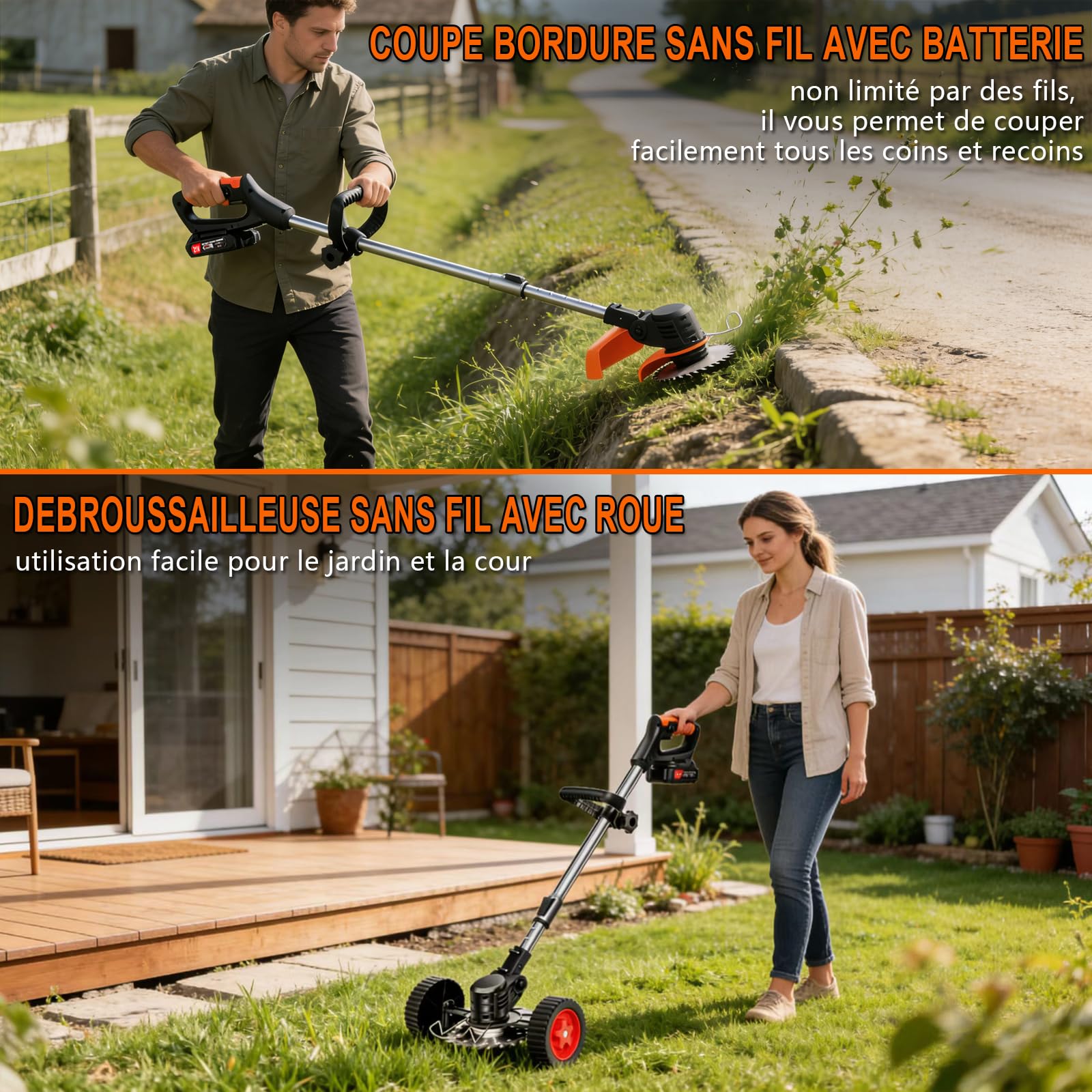 Débroussailleuse Électrique sans Fil 21V, Coupe-Bordure avec Batterie et Chargeur Rapide, 4 Lames, Roue