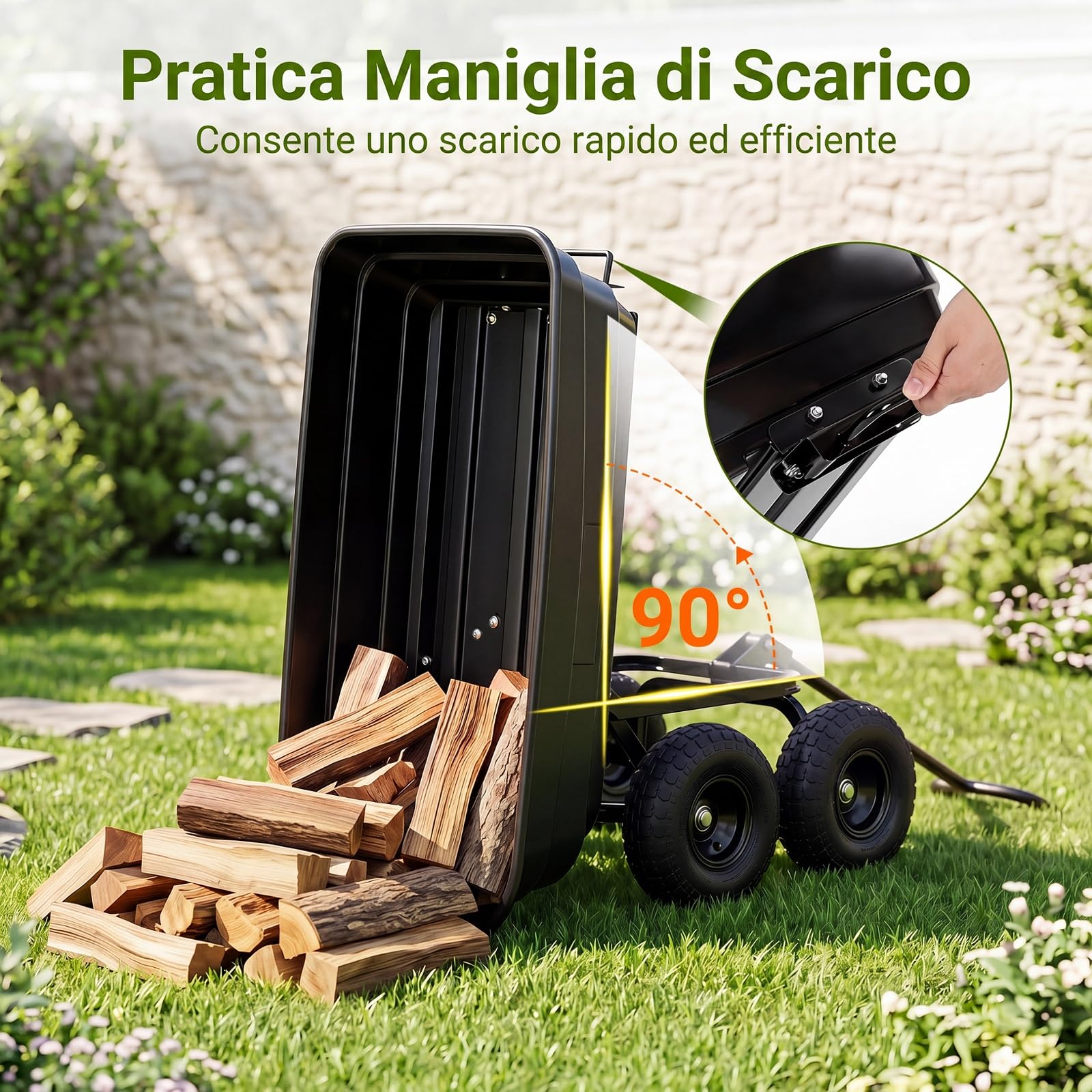 COSTWAY Carrello da Giardino 75 L Portata 300 kg, Carriola da Giardino Ribaltabile con 4 Ruote Pneumatiche, Manico Regolabile e Impugnatura Morbida, Carriola da Muratore da Esterno