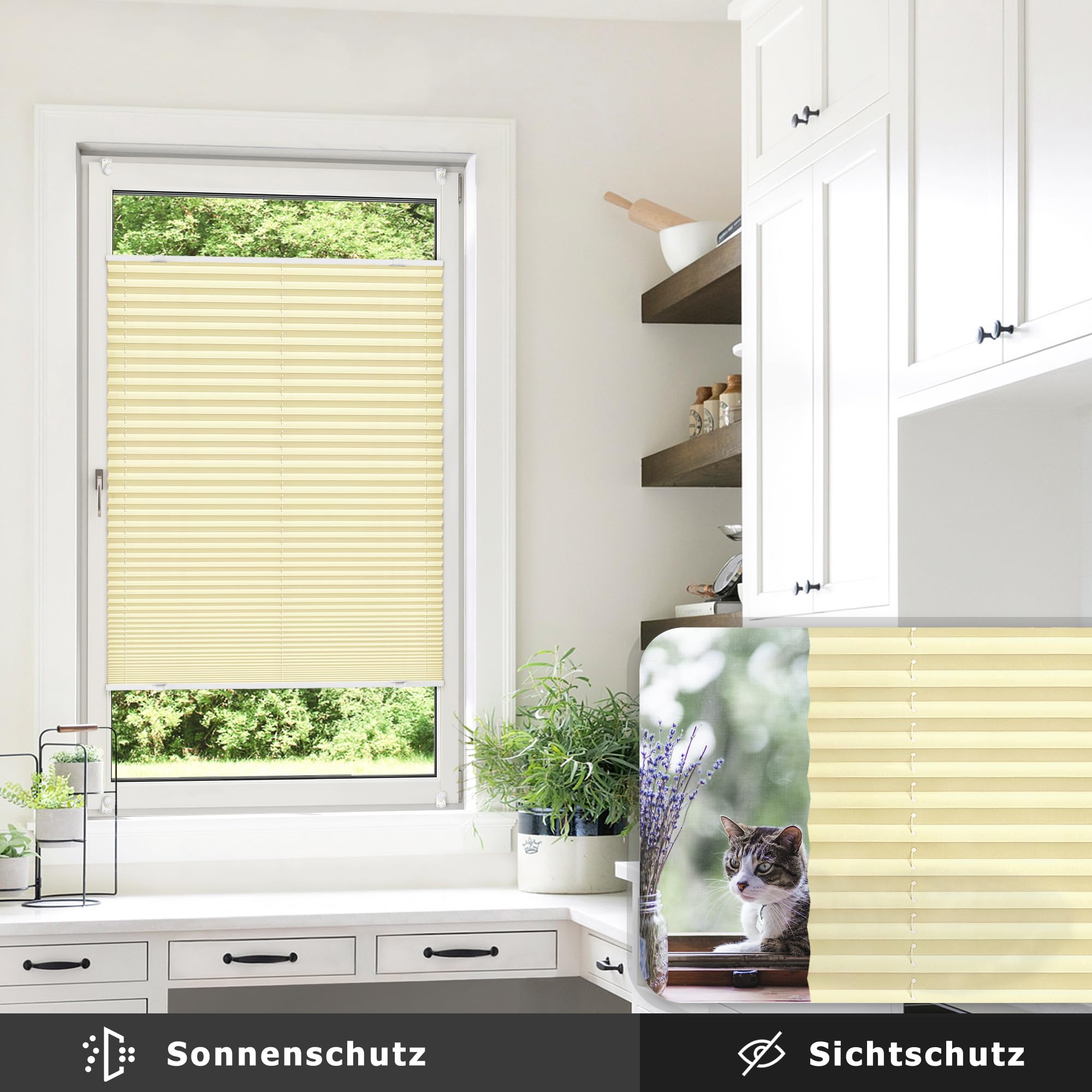 Victoria M. Praktica Store Plissée sans Perçage Store Pliable Opaque pour Fenêtre Et Porte, Tissu Polyester, 70 x 150 cm, Creme