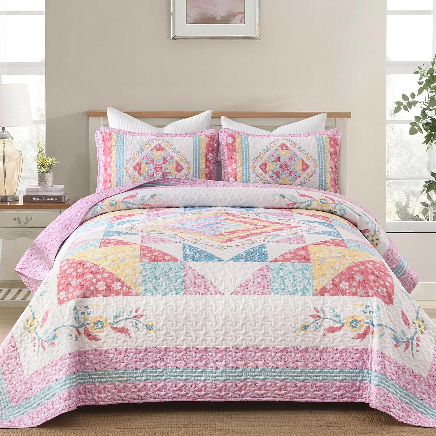 Dobuyly Queen Quilt Set,Floral Patchwork Bedspreads Queen Size,Summer Pink Girl Vintage Lightweight Coverlet Set for Queen Bed for All Season96 x90