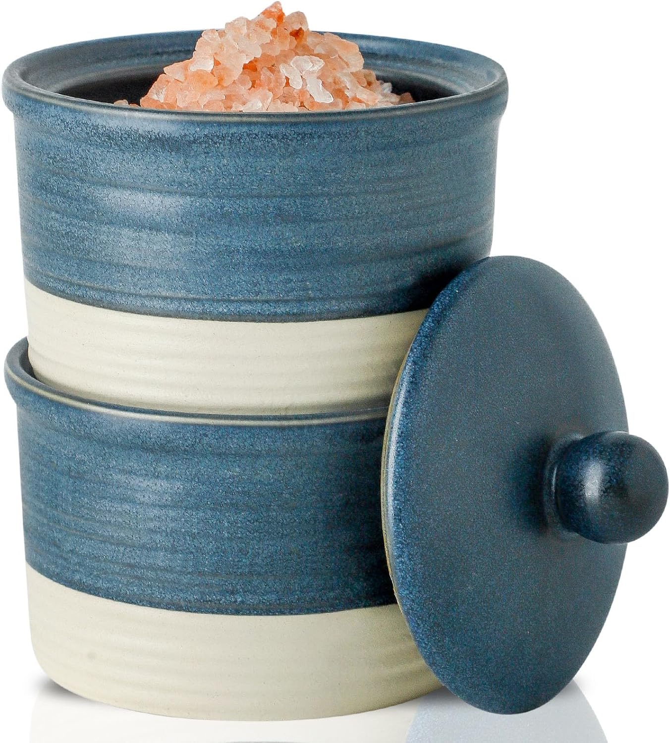 Hasense Salt Cellar Set, Ceramic Salt Box with Lid, 9 oz Stacked Salt Pepper Container for Countertop, Small Spice Bowls for Salt Pepper Sugar, Christmas Gift Ideas, Set of 2, Deep Blue