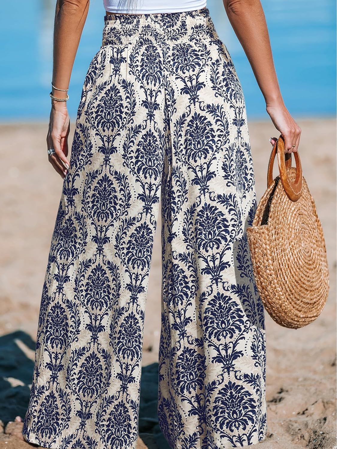 CUPSHE Womens Wide Leg Pants Elastic High Waisted Beach Trousers Cotton Linen Summer Palazzo - Image 2