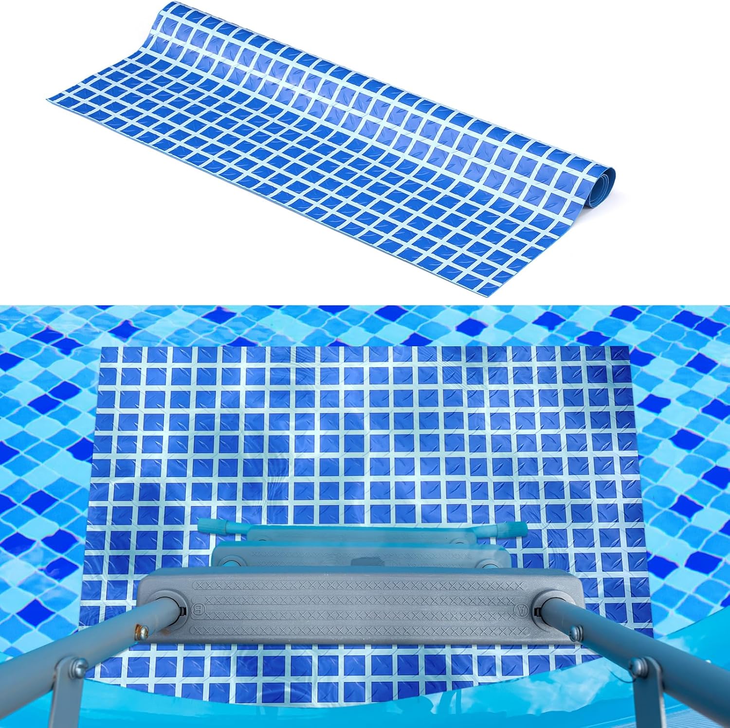 Pool Step Mat Above Ground Ladder Mat, Swimming Protective Nonslip Step Pad with Texture, Pool Essentials Accessories for Floor Liners and Stairs, Blue Large Square Pattern (36 x 36 Inch)