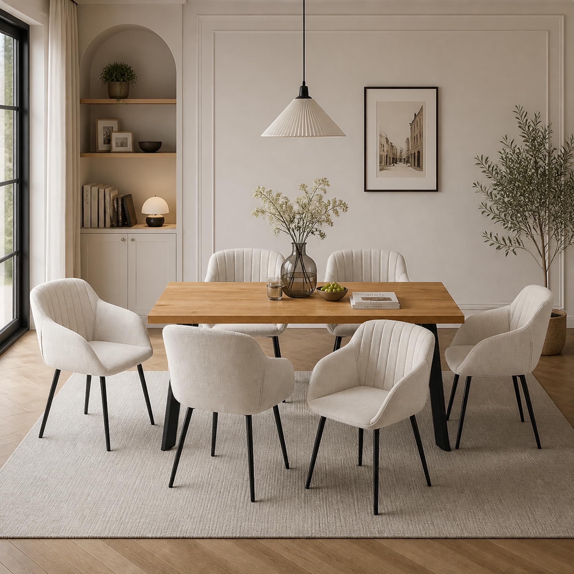 Essgruppe 7-Teilig, Esstisch 160x80cm mit 6 Stühlen, Moderner Küchentisch Set 6 Personen, Esszimmergruppe mit Beige Polsterstühlen in Leinen, Tischgruppe für Esszimmer und Wohnzimmer