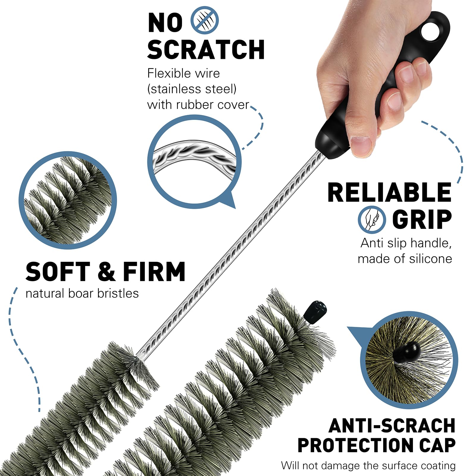 Brosse de nettoyage pour radiateur, poils de sanglier fins et longs de 81 cm avec poignée en silicone, flexible et pliable pour nettoyer le plumeau à l'intérieur des ailettes et à l'arrière