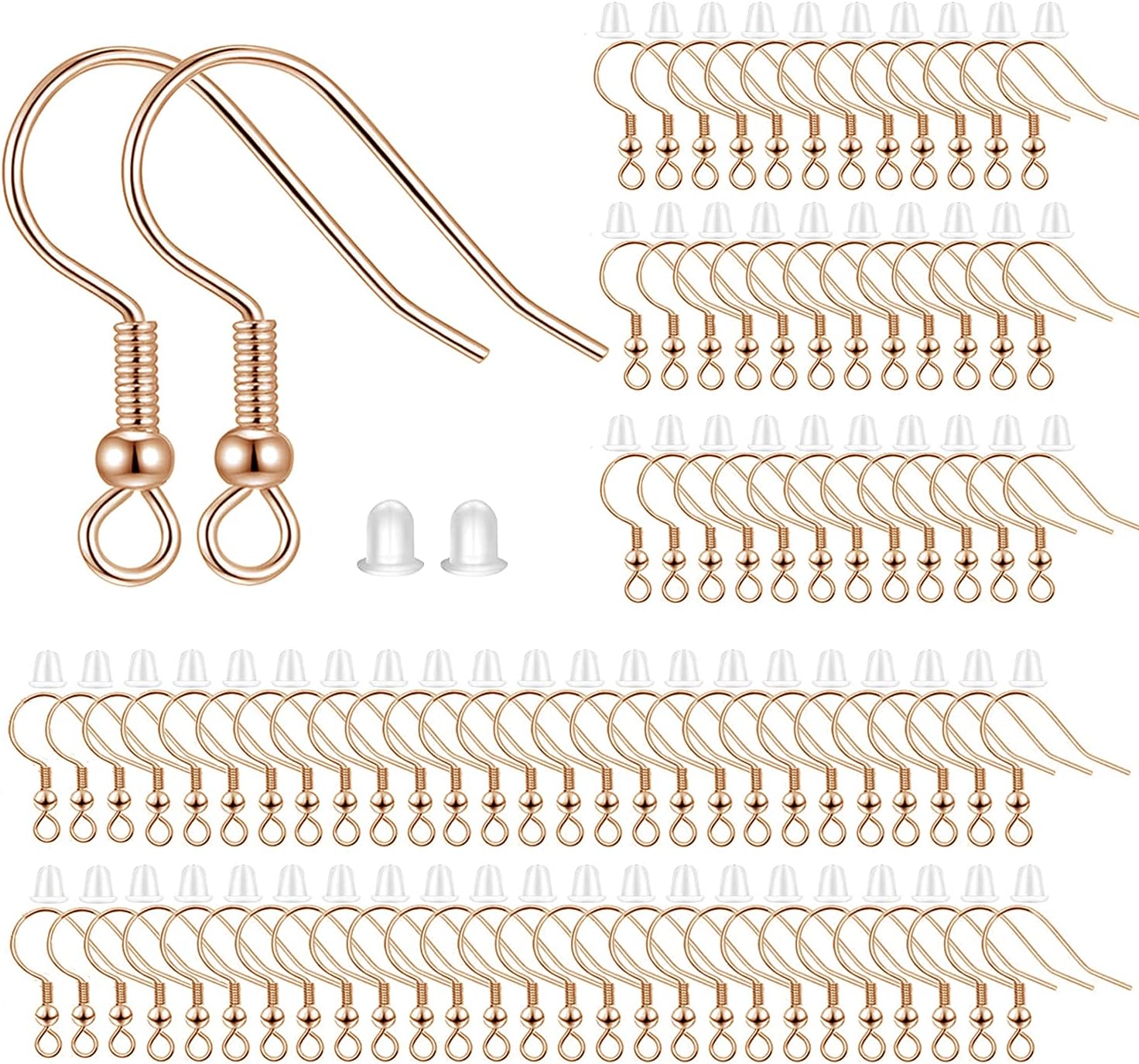BEADNOVA Fish Hook Earring Hooks 150pcs Earring Findings with Backs for Ear Wire Supplies Ear Posts Making DIY (150pcs Rose Gold Earwires and 150 pcs Backs, Total 300pcs)