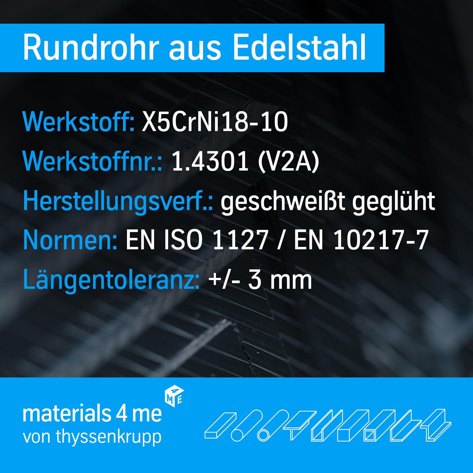 thyssenkrupp Rundrohr Edelstahl geschweißt – Edelstahlrohr V2A – Werkstoff 1.4301 AISI 304 – Ø 60,3 x 2 mm, 2450 mm Länge