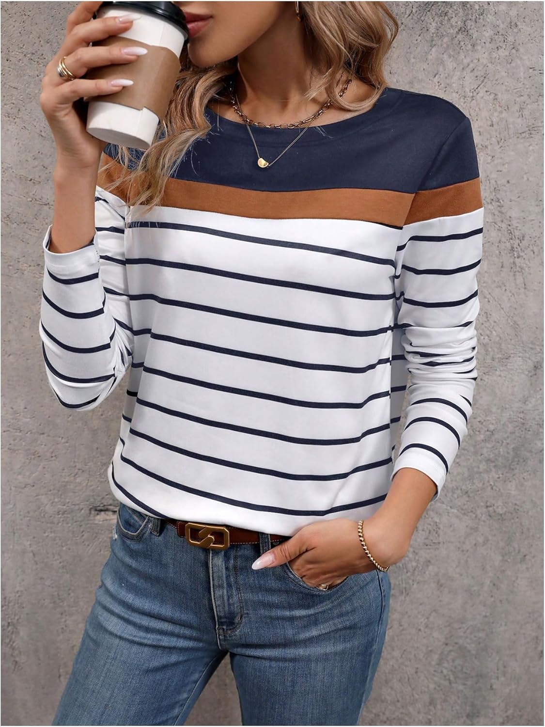 WDIRARA Women's Striped Long Sleeve T Shirts Color Block Crew Neck Tee Tops - Image 4
