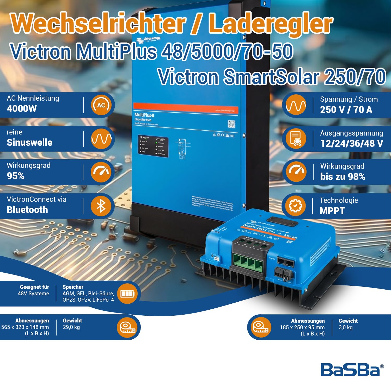 Insel Solaranlage PV-Anlage 5,0kW AC 7,2kWh Speicher, 3440WP Panele, LFP-Batterie, Victron Technik