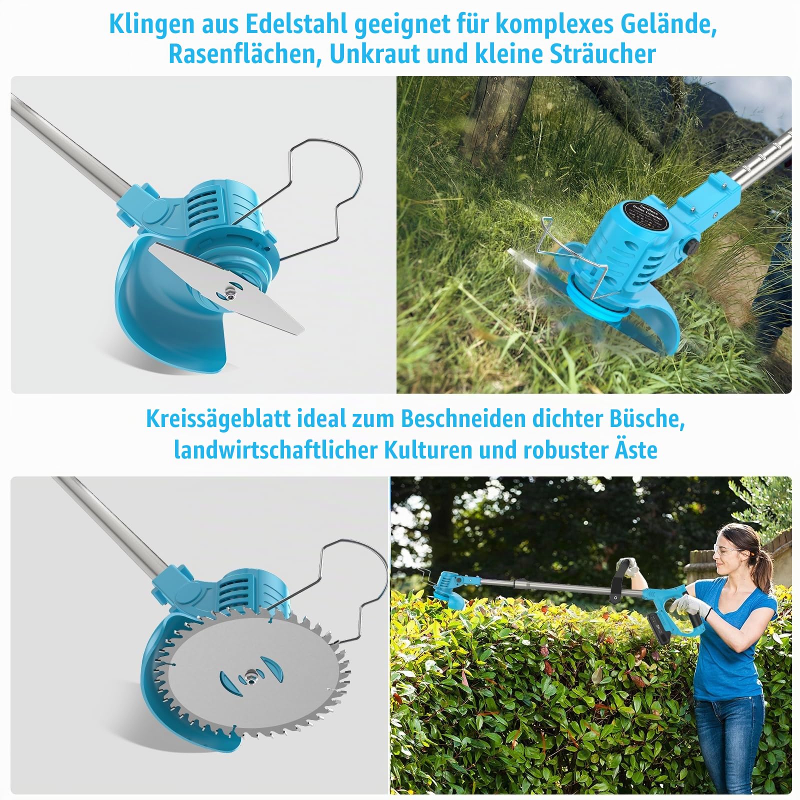 Rasentrimmer mit Akku 21V, KUZUPRO Akku Freischneider mit 2 Akkus 2.0Ah, 2 Arten von Metal Klingen Akku Rasentrimmer, Gartenschere, Verstellbarer Griff für Rasen Garten Beschneiden, Blau