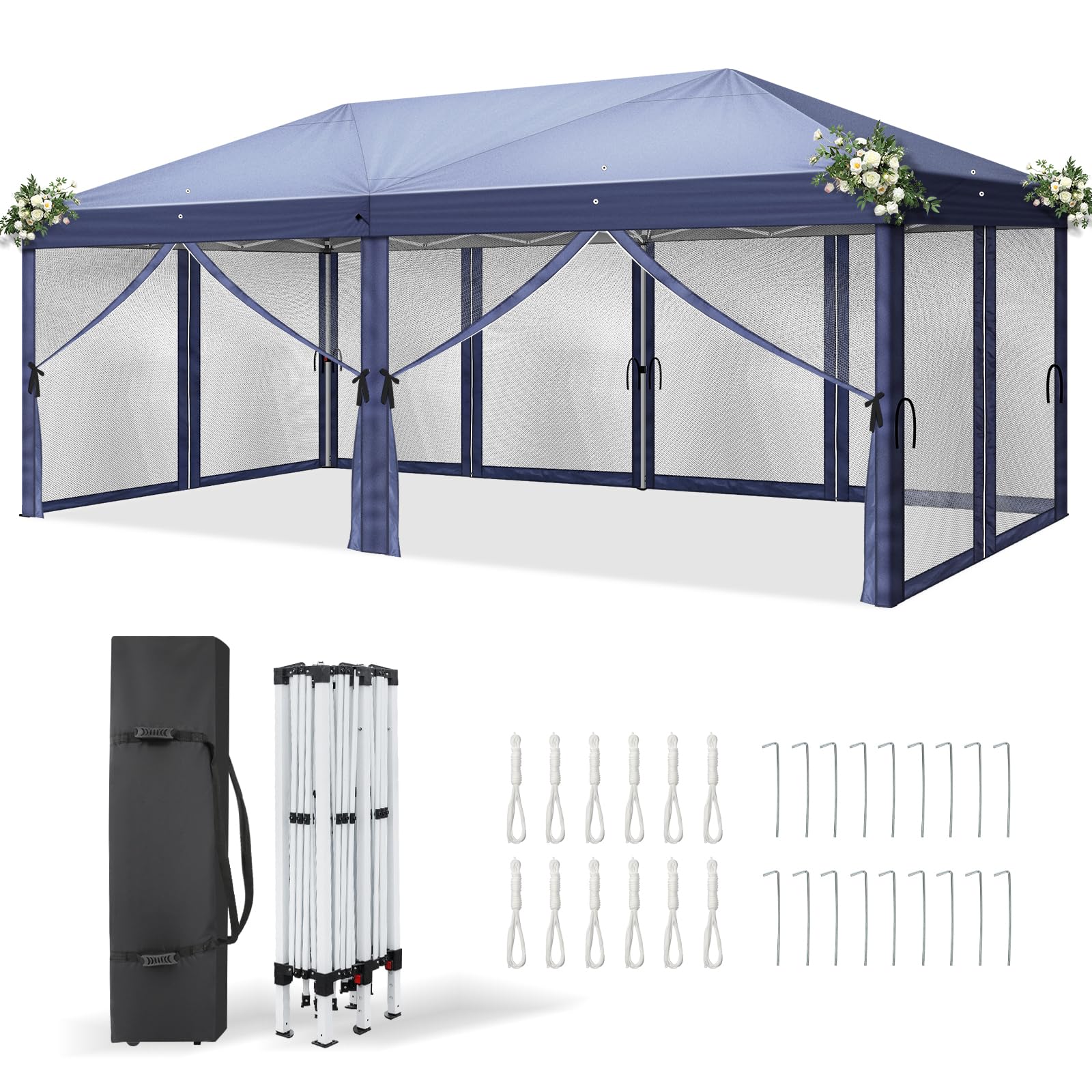 LEADZM - Carpa plegable 3 x 6 m - Impermeable - Protección UV 50+ - Ajustable en altura con 6 mosquiteros - Estable - Ideal para jardín, terraza, camping y uso comercial - Azul