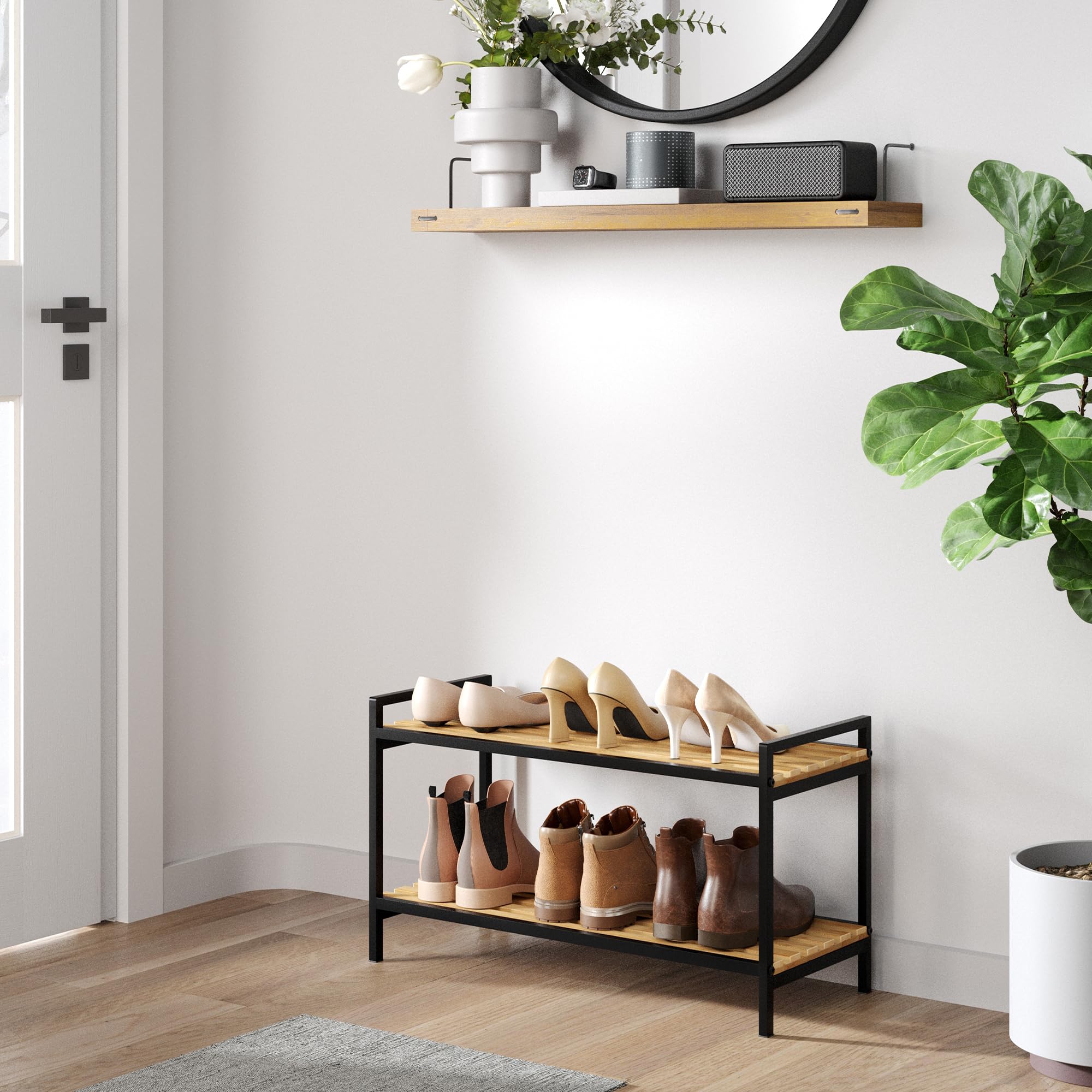 Schuhregal platzsparend, Design Schuhregal, Schuhorganizer, Schuhaufbewahrung für Eingangsbereich, Flur, Wohnzimmer - hochwertig, modern, aus Metall und Bambus, 2 Ebenen, 73x30x41cm