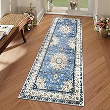 Lahome Oriental Floral Medallion Area Rug - 2x6 Hallway Runner Rug Blue Turkish Bedroom Throw Rug Faux Wool Non-Slip Machine Washable Low-Pile Carpet for Kitchen Laundry Living Bathroom