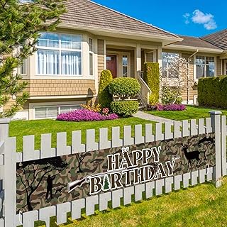 MEFENG Hunter Theme Happy Birthday Banner Deer Hunting Party Decorations Camping Party Decorations Hunting Birthday Backdrop for Man Kids Boys 9.8x1.6Feet