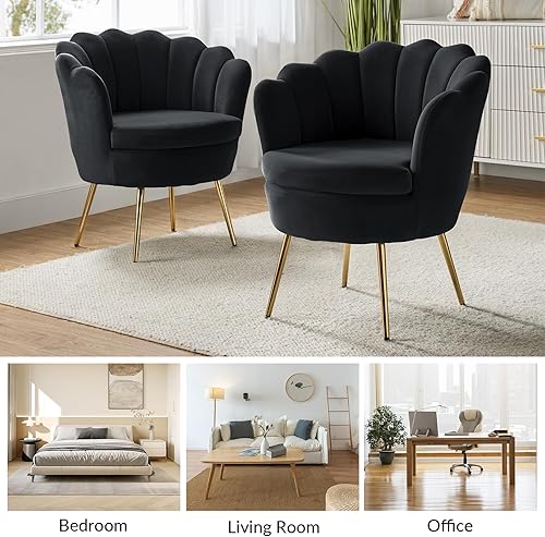 Miniatura 7 de HULALA HOME Silla decorativa moderna de terciopelo con respaldo en forma de concha, bonito sillón para sala de estar, dormitorio con patas doradas,