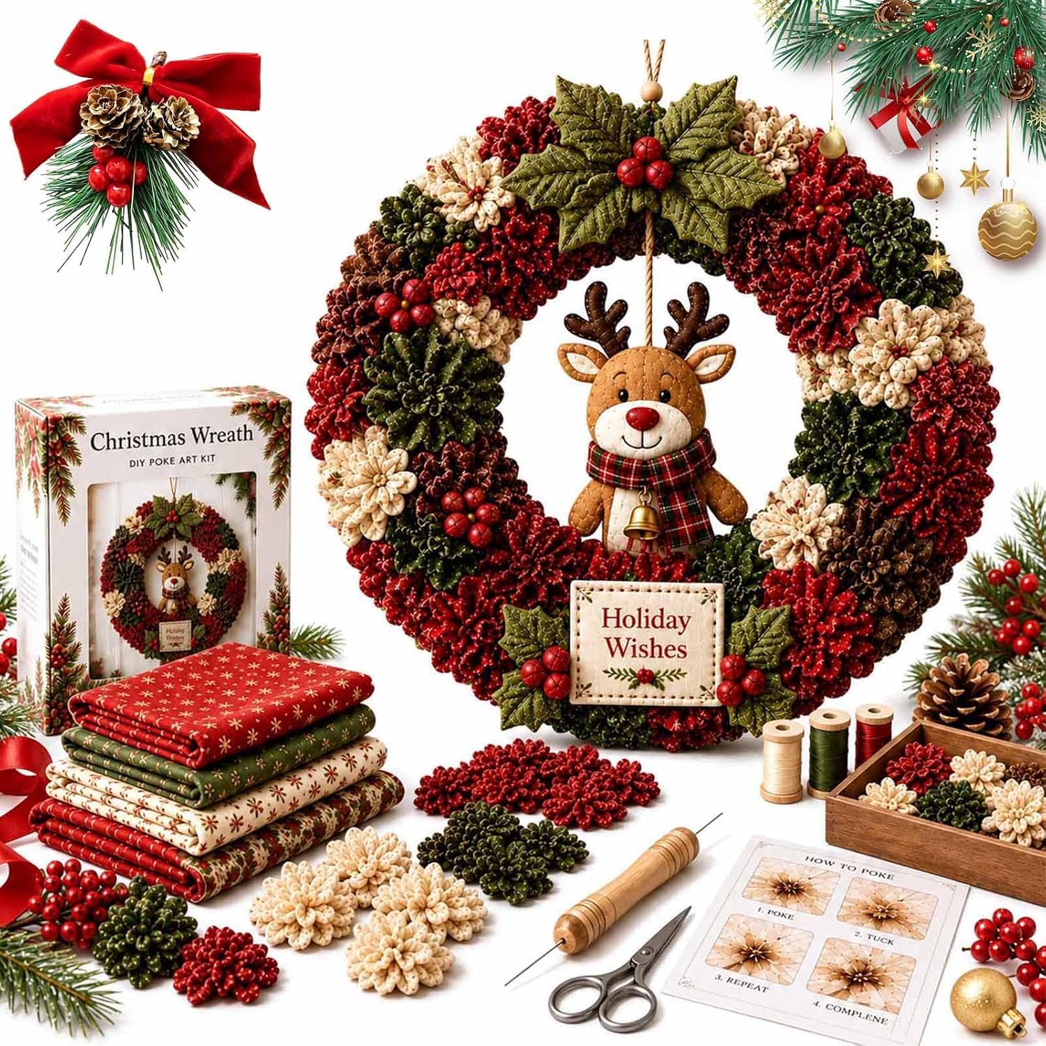 3D Fabric Poke Wreath DIY Kit, 3D Fabric Poke Art Kit for Adults，Reindeer