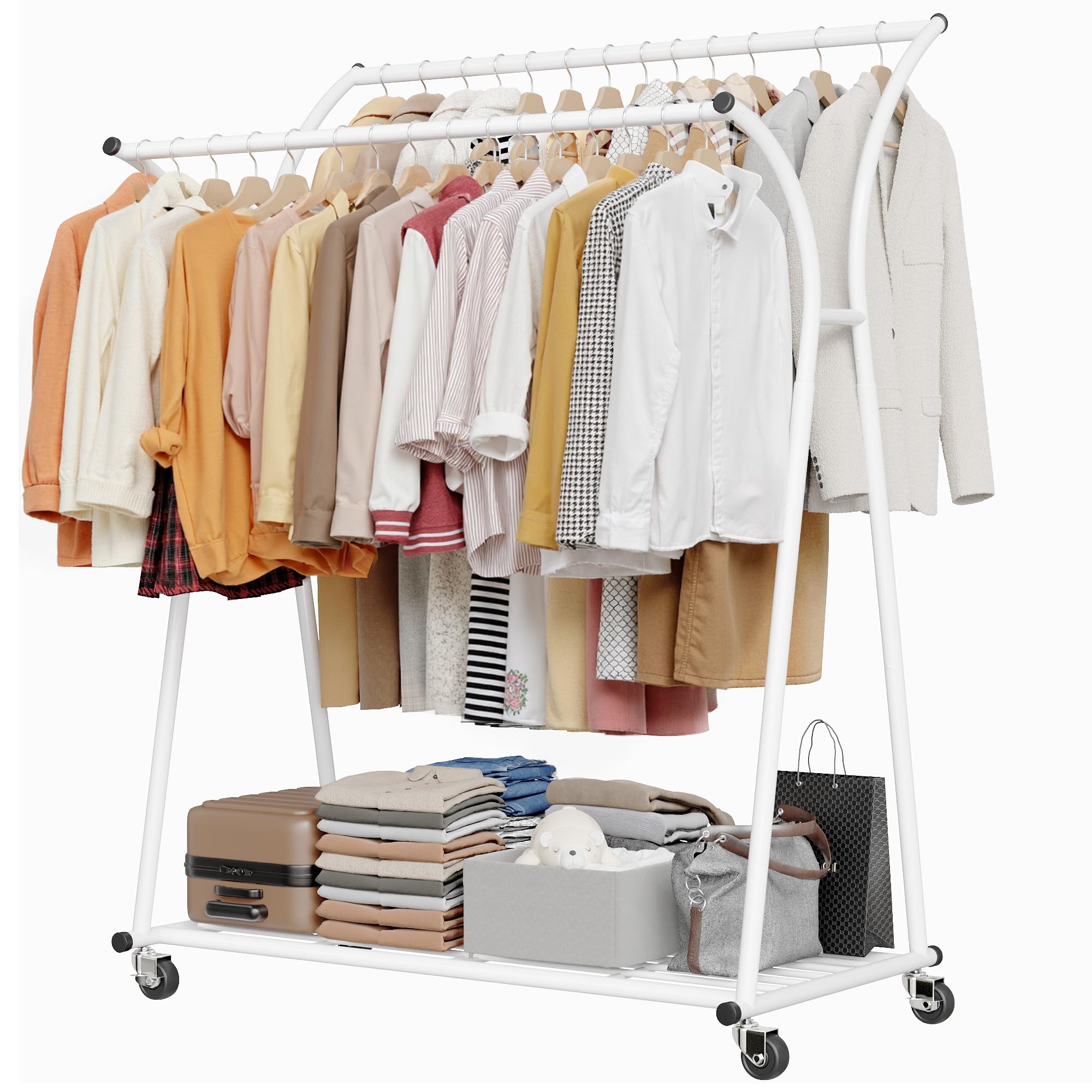 Raybee Heavy Duty Clothes Racks for Hanging Clothes, Clothing Rack with Wheels Load 360LBS, Portable Double Rod Garment Racks for Closet, Bedroom, Commercial Use, 69''H*52''W*20''D, White