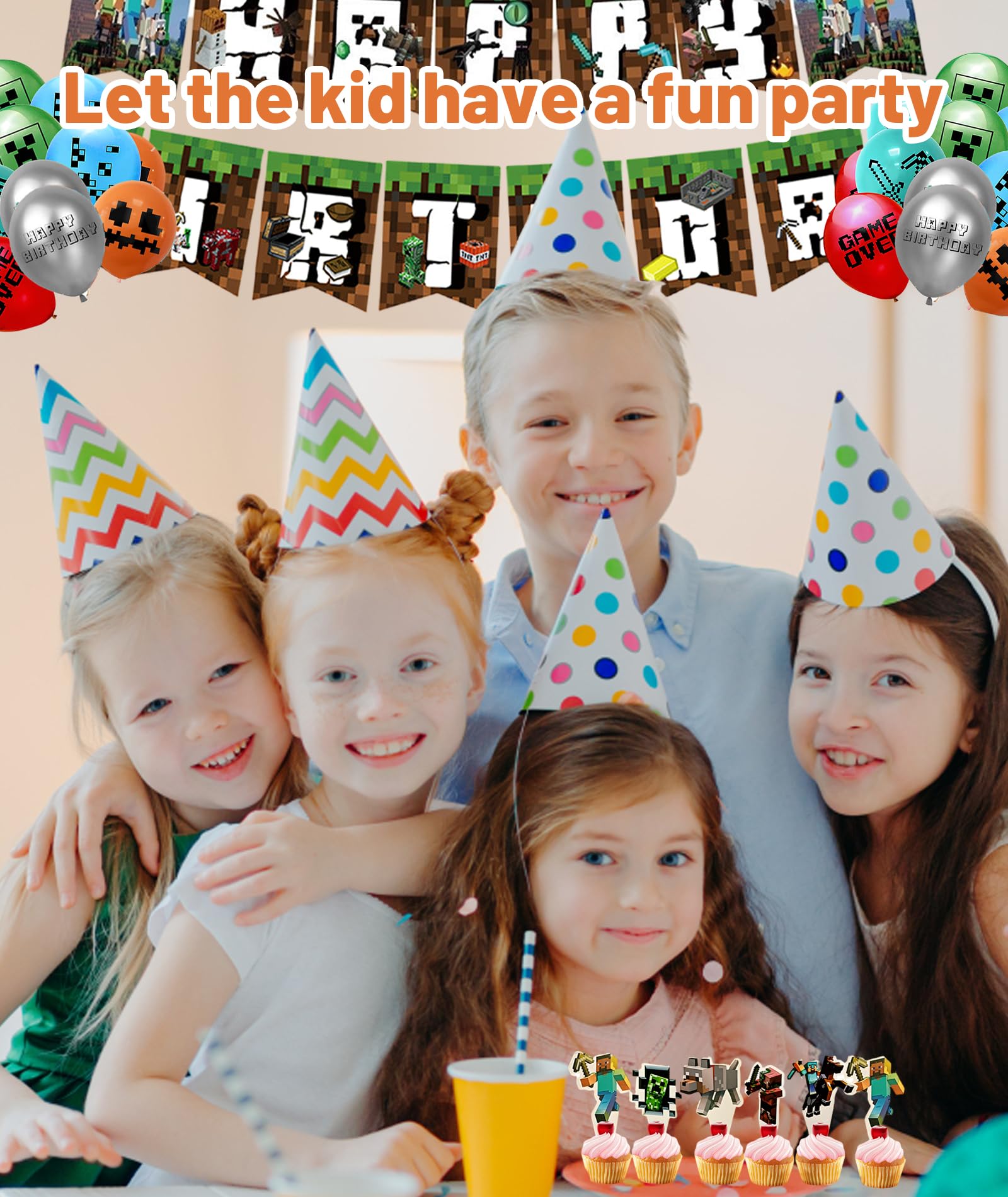 49Piece Birthday Theme Decoration,Gaming Party Decoration Kit for Birthday, Themed Party Supplies,Includes Balloons and cake toppers designed 4