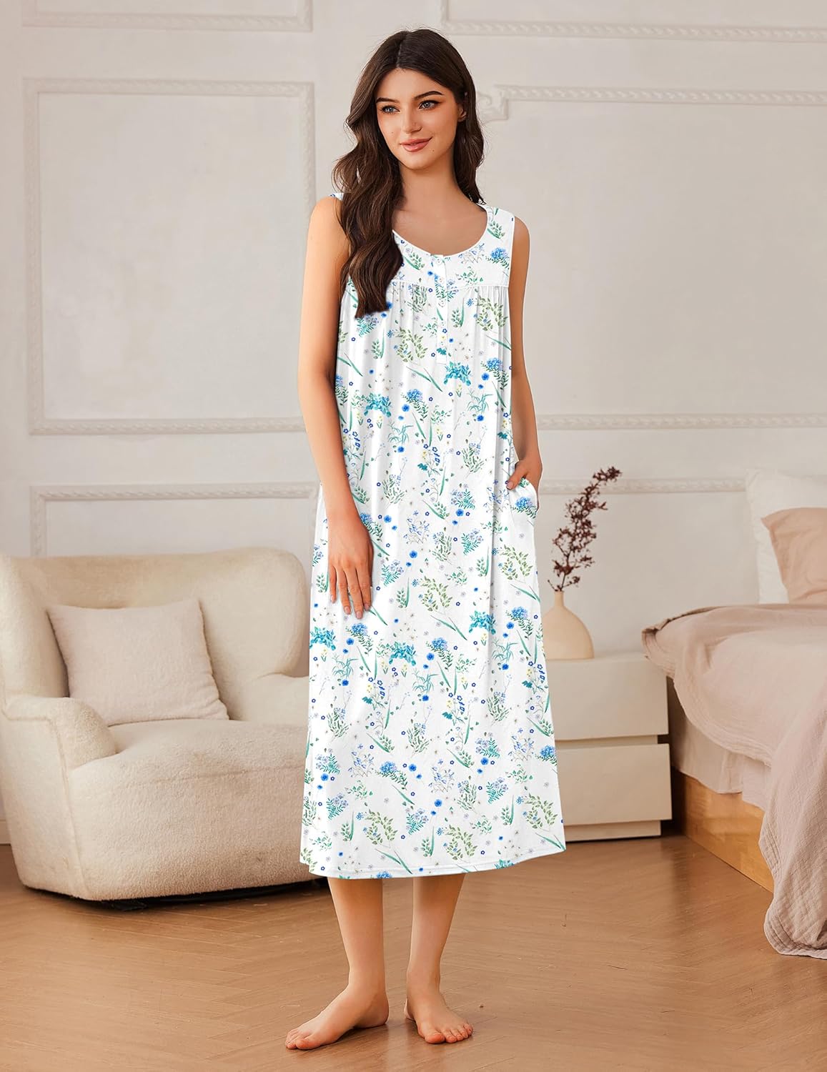 Ekouaer Nightgowns for Women Long Sleeveless Night Gowns Ladies Soft Nightdress Victorian Sleepwear with Pockets S-XXXL - Image 3