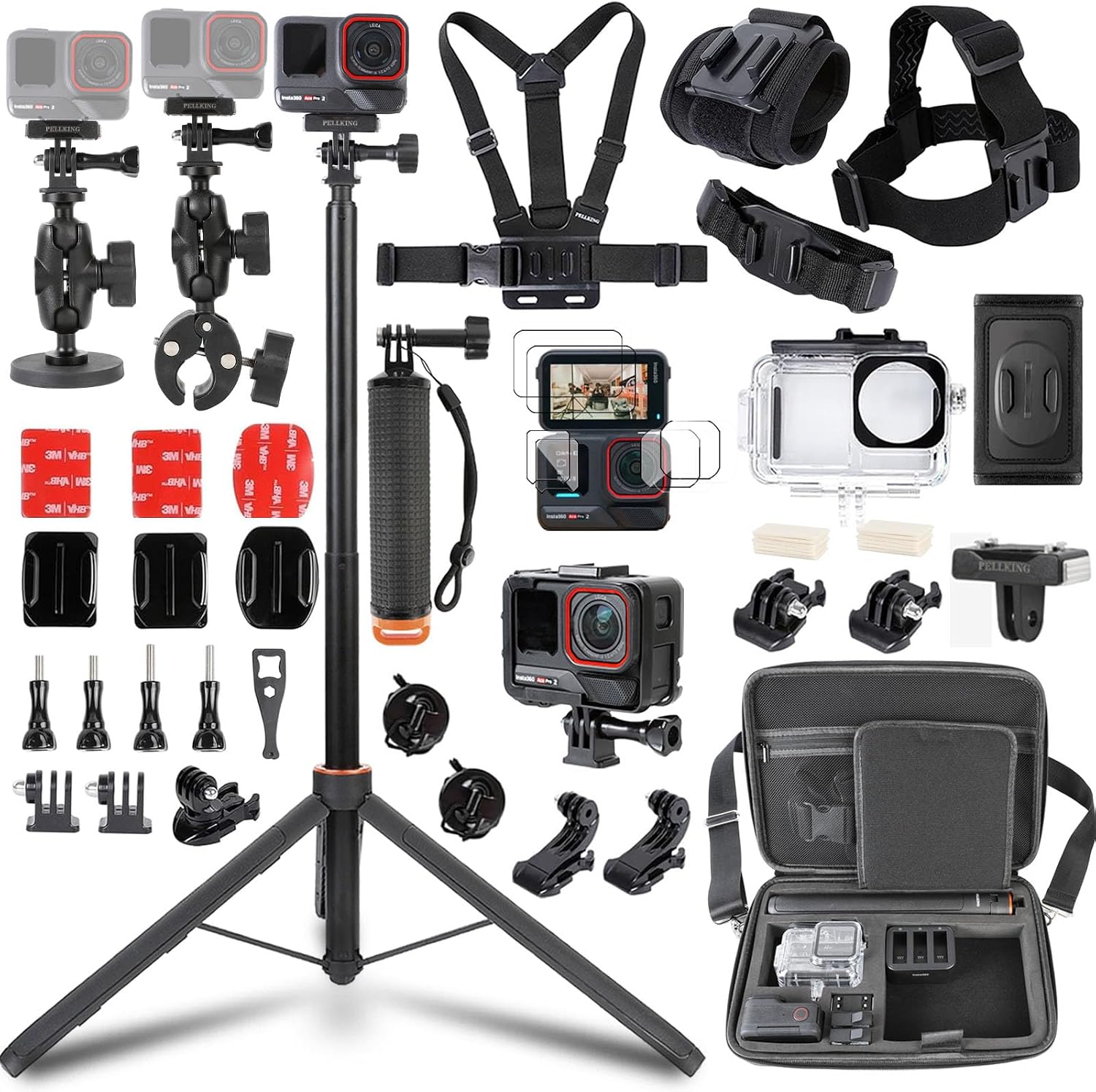 PellKing Accessories Kit for Insta360 AcePro2,Carrying Case with Belt 135cm Selfie Stick Tripod Waterproof Housing Boder Frame Magnetic Handlebar Mount Qucik Release Clip 4 in 1 Body Mount