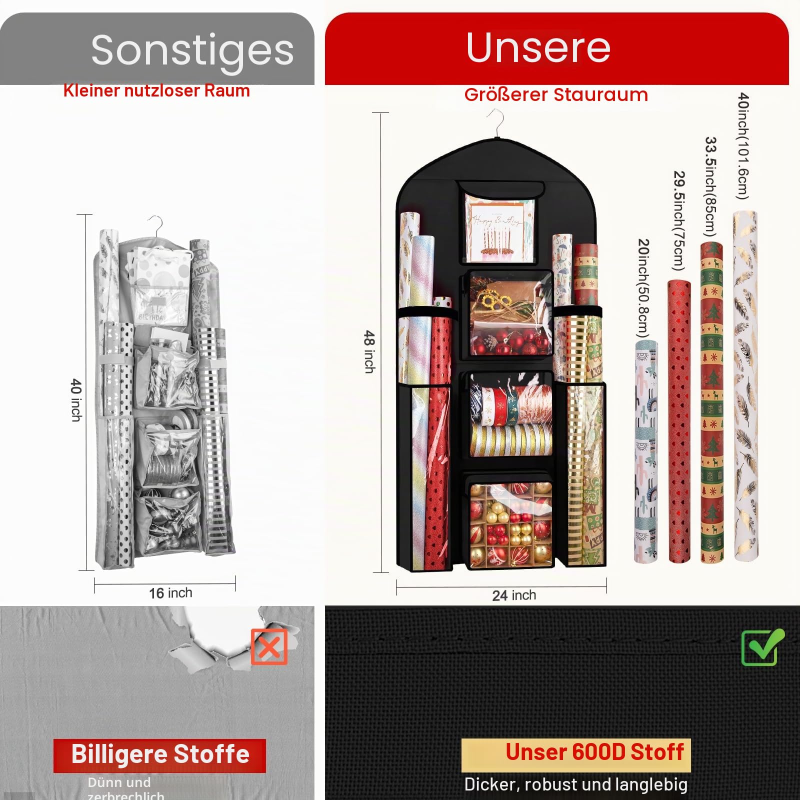 Geschenkpapier-Aufbewahrung, zum Aufhängen, 120 x 60 cm (extra groß), schwarz, doppelseitig, Weihnachtsverpackungsbehälter, Oxford Langer Bastelrollen-Organizer, Geschenkpapierhalter für schlafzimmer