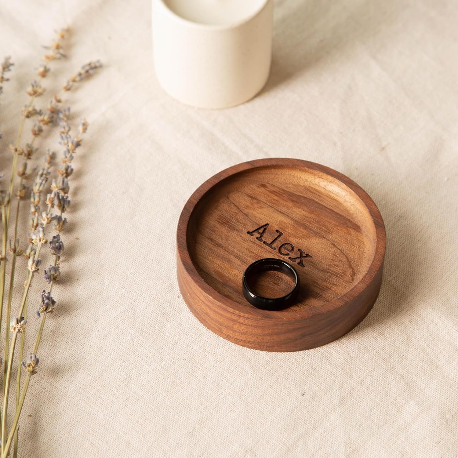MUUJEE Personalized Walnut Wood Round Ring Trinket Dish Small Jewelry Organizer for Rings Earrings Necklaces Bracelet Christmas Birthday 5th Anniversary Wedding Gift for Women