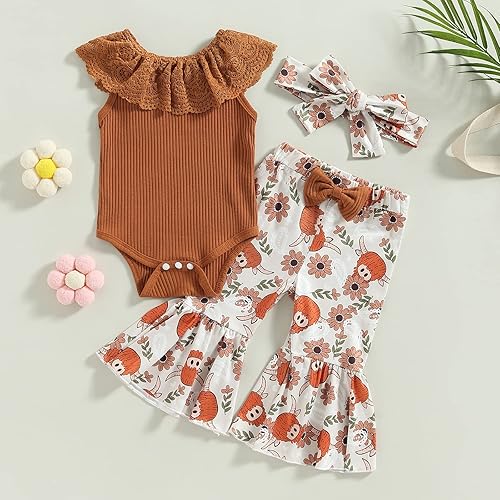 Miniatura 14 de Rtnnsbbfcm Ropa de verano para bebé recién nacida, con volantes, sin mangas, acanalado, mameluco de vaca, floral, pantalones acampanados, diadema