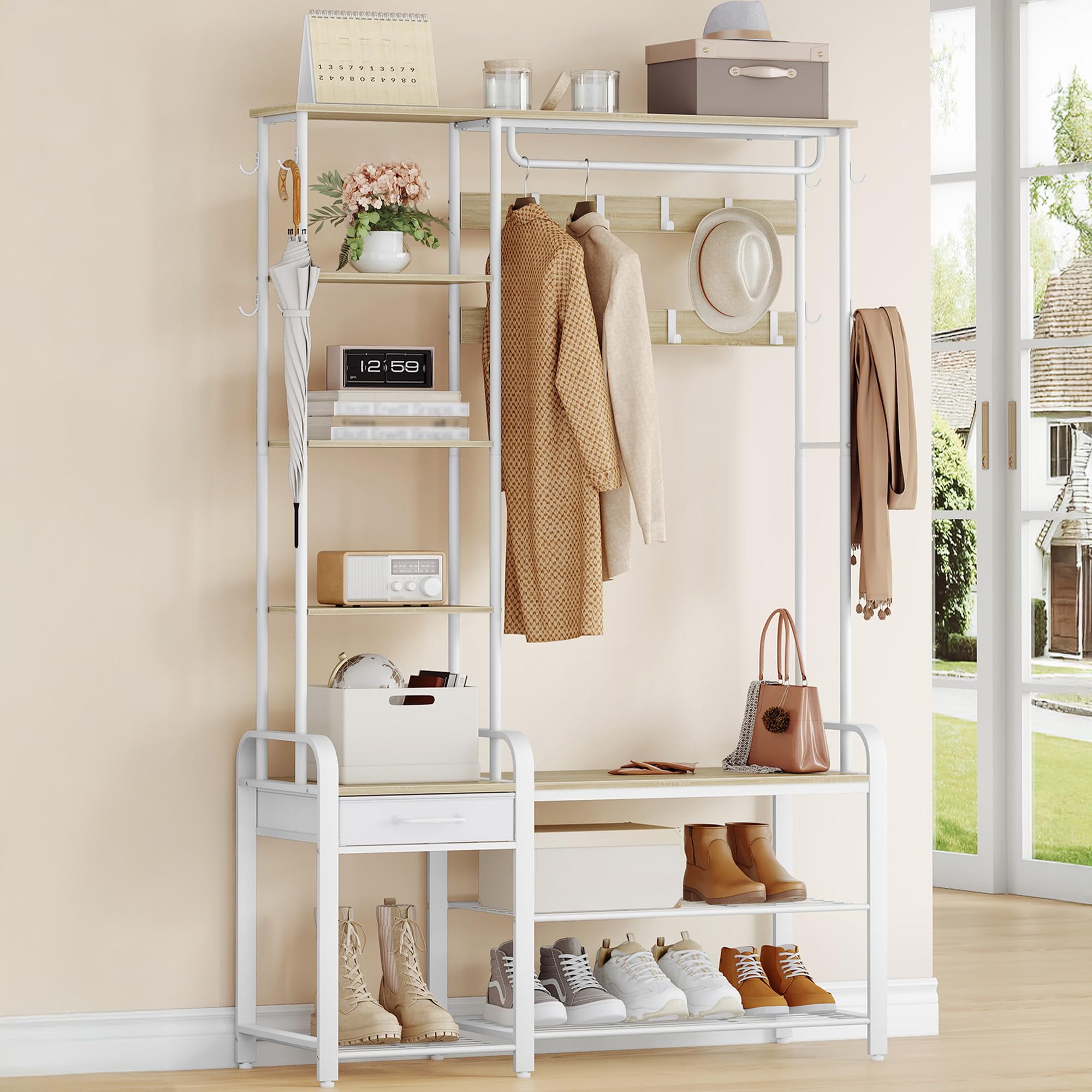 Hzuaneri Coat Rack with Shoe Storage, Coat and Shoe Rack with 3-Tier Storage Bench and Drawer, 5-in-1 Hall Tree with 17 Hooks, Side Book Shelves for Bedroom, Hallway Living Room White Oak HT03516W