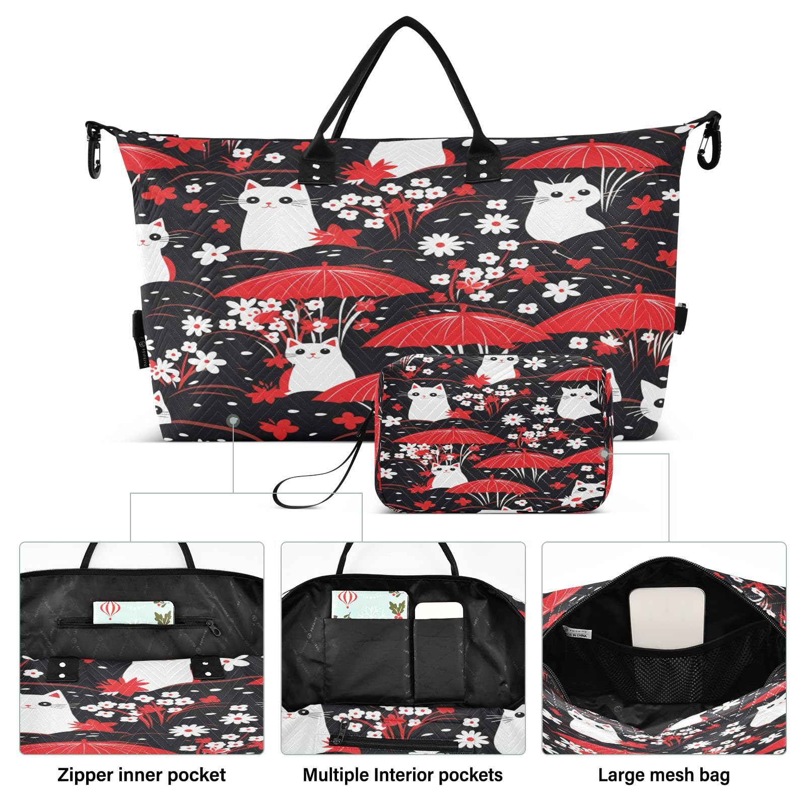 Red White Cat Pattern Sports Swim Gym Bag Weekender Duffel Travel Bags Handbag with Makeup Storage Bag for Girls Men