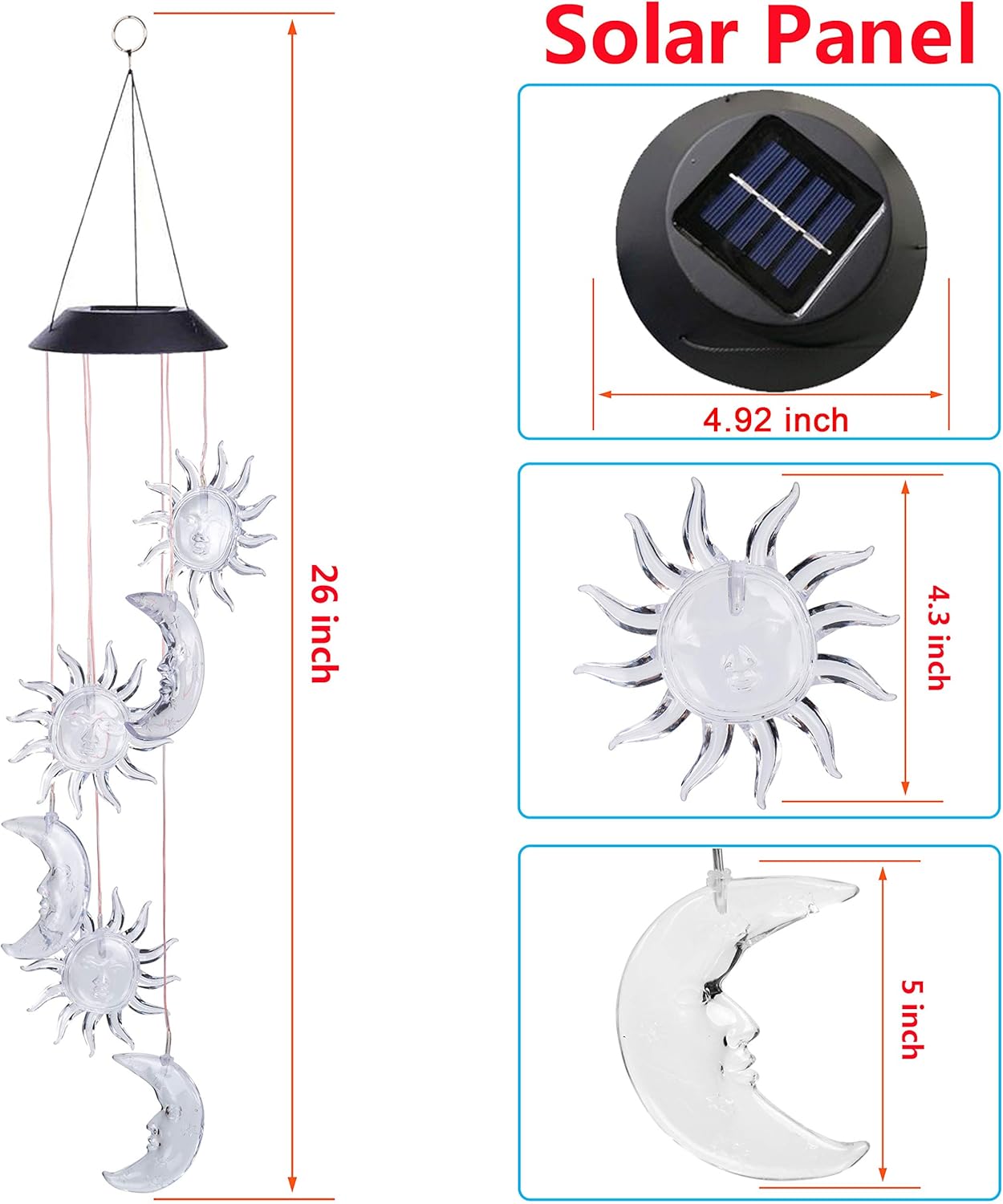 Solar Sun and Moon Wind Chimes Outdoor - Waterproof Mobile Romantic Changing Light Color Wind Chime, Sun Moon Windchimes for Xmas Mom Gifts, Home, Party, Festival Decor, Night Garden Decoration - Image 3