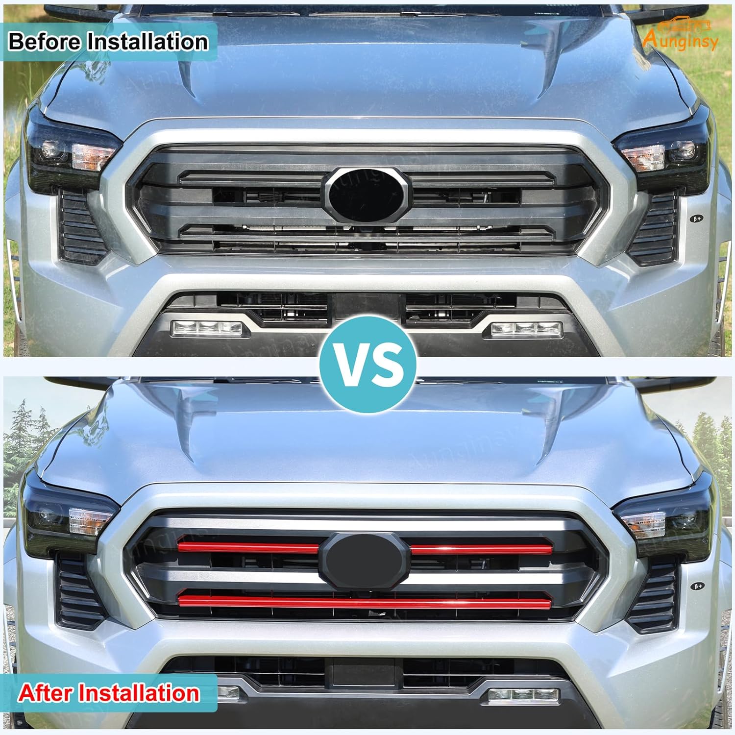 Aunginsy Car Front Bumper Grille Trim Strip Compatible with Toyota Tacoma 2024-2026, ABS Front Hood Grill Grille Mesh Insert Face Badge Center Strip Clip-in Grilles Guard Cover Decoration Accessories