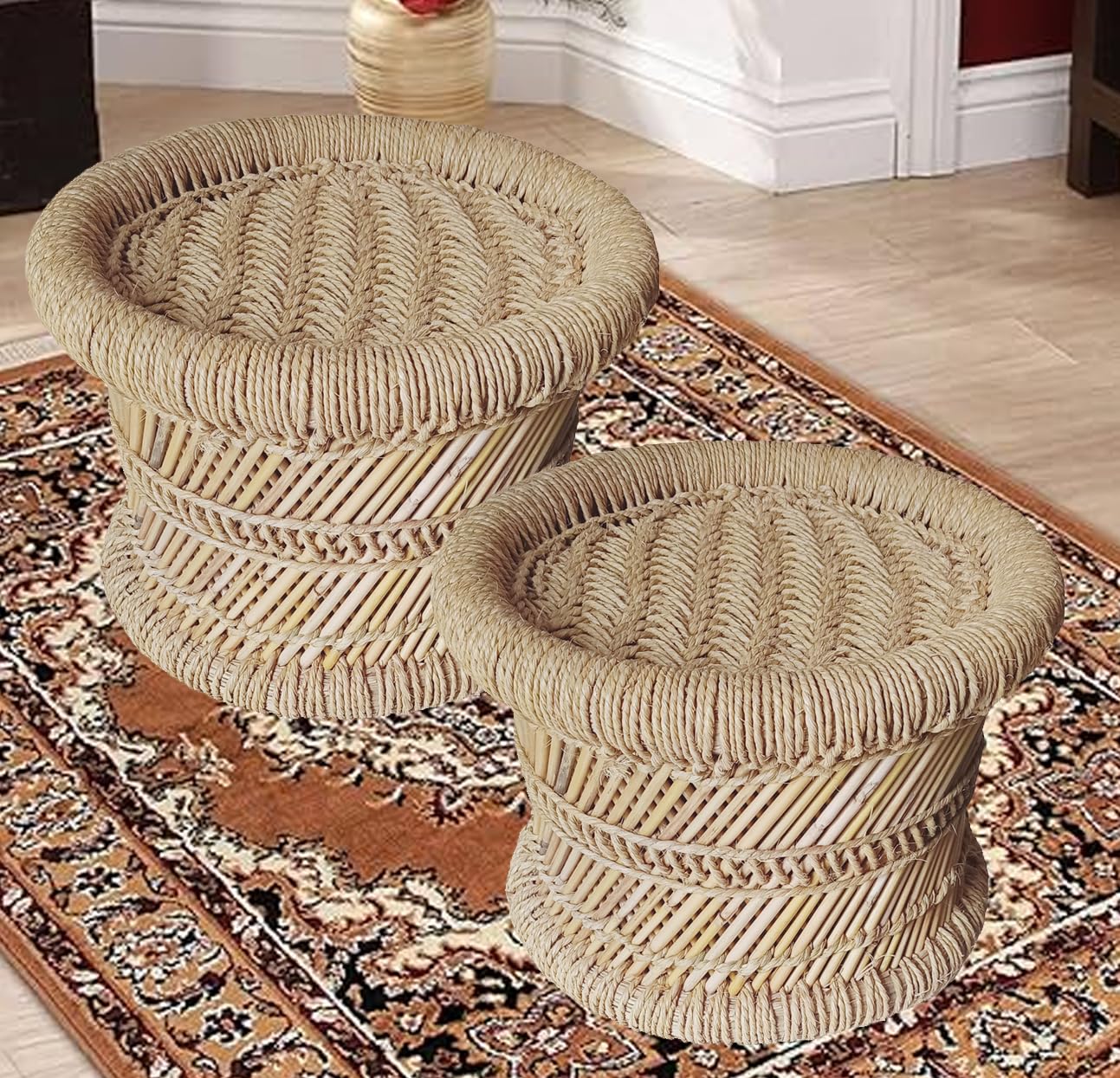 RCLV Pure Handmade Bamboo mudda Stool/Chair for Living Room/Office/Home/Indoor/Outdoor Garden 2-Pices