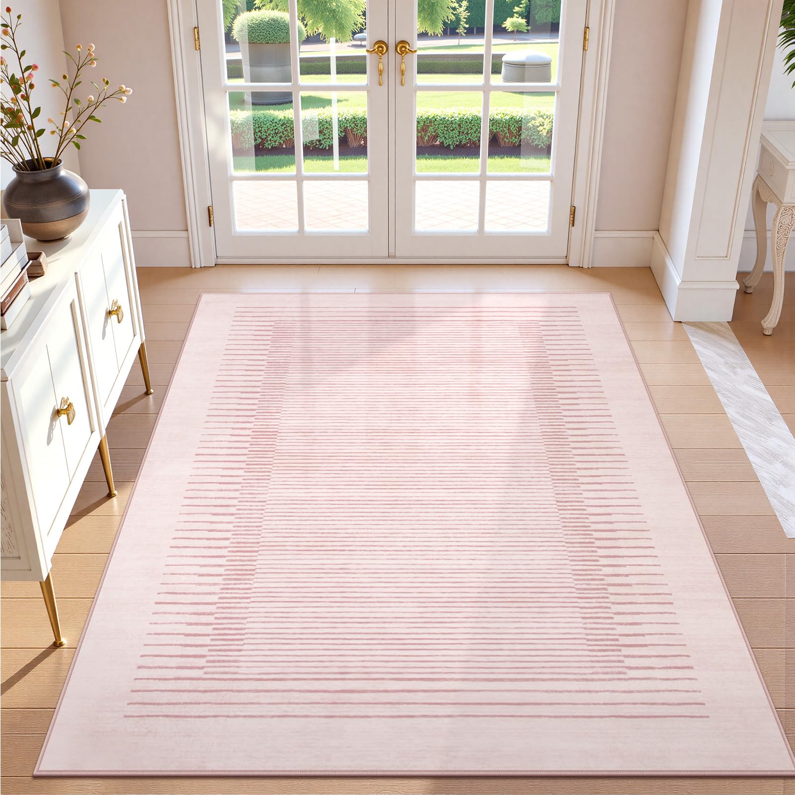 Photo 1 of Wonnitar Washable Striped Living Room Area Rug 5x7, Non-Slip Berber Stripe Pink Area Rugs for Bedroom Girls, Low Pile Soft Large Throw Carpet for Kids Nursery Room (Pink,5' x 7')