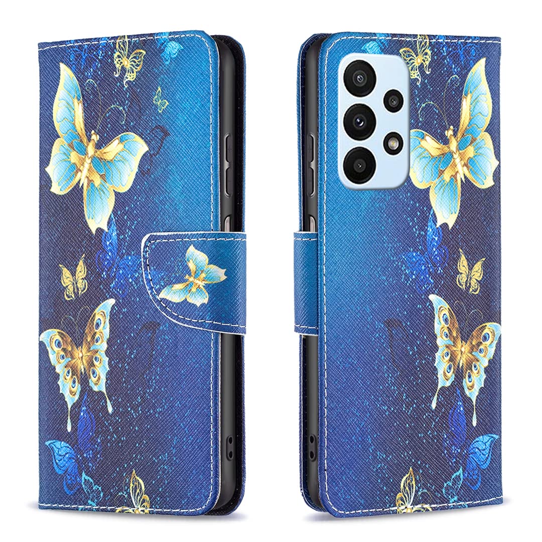 for Samsung A13 4G/5G Case, Samsung Galaxy A04S Phone Case, Flip Shockproof PU Leather Wallet Cases with Stand Magnetic Card Holder Gel Silicone Bumper Folio Slim Protective Cover Blue Butterfly