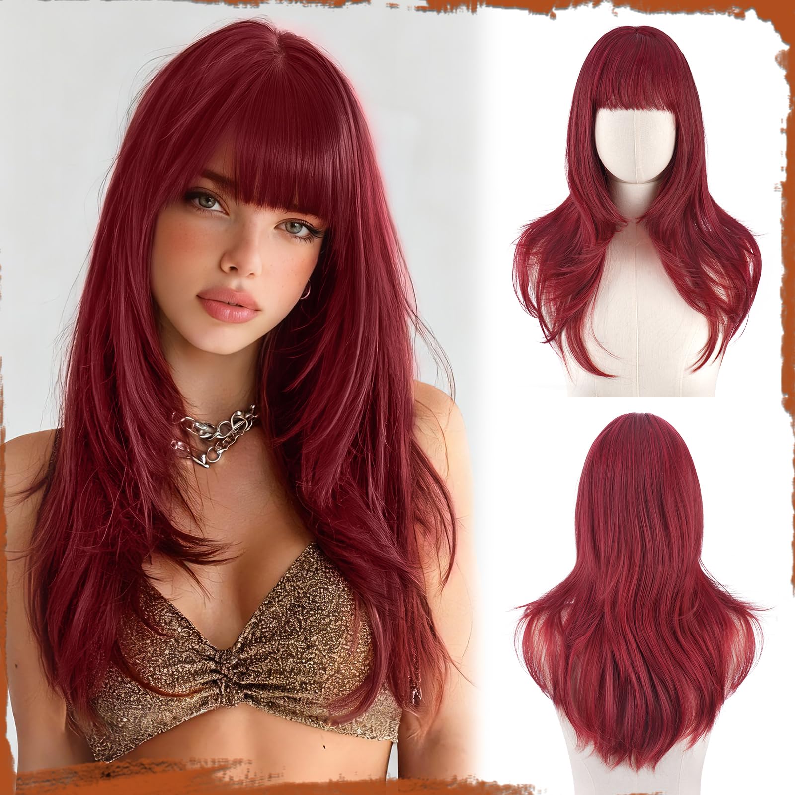 Sofeiyan Parrucche Lunga Layered Con Frange Lisci per Donna,Parrucche Sintetiche Resistenti al Calore Naturale Dritta Parrucche con Frangia per Halloween/Party,60 cm Rosso