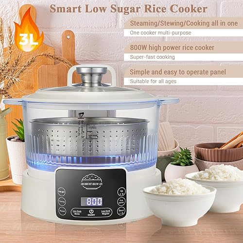 Miniatura 6 de Olla arrocera baja en carbohidratos con tiempo reservable, baja en azúcar, multifuncional, 3L y 2 tazas para eliminar almidón, olla de vidrio para