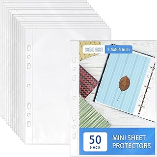 50 Pack 5.5x8.5 Inch Sheet Protectors for 3 or 6 Ring A5 Binder, Half Letter Size 7 Holes Mini Heavy-Duty Sheet Protector Sleeves Crystal Clear Playbill Binder Pockets