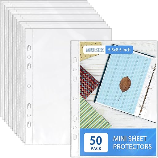 VOKOY 50 Pack 5.5x8.5 Inch Sheet Protectors for 3 or 6 Ring A5 Binder, Half Letter Size 7 Holes Mini Heavy-Duty Sheet Protector Sleeves Crystal Clear Playbill Binder Pockets