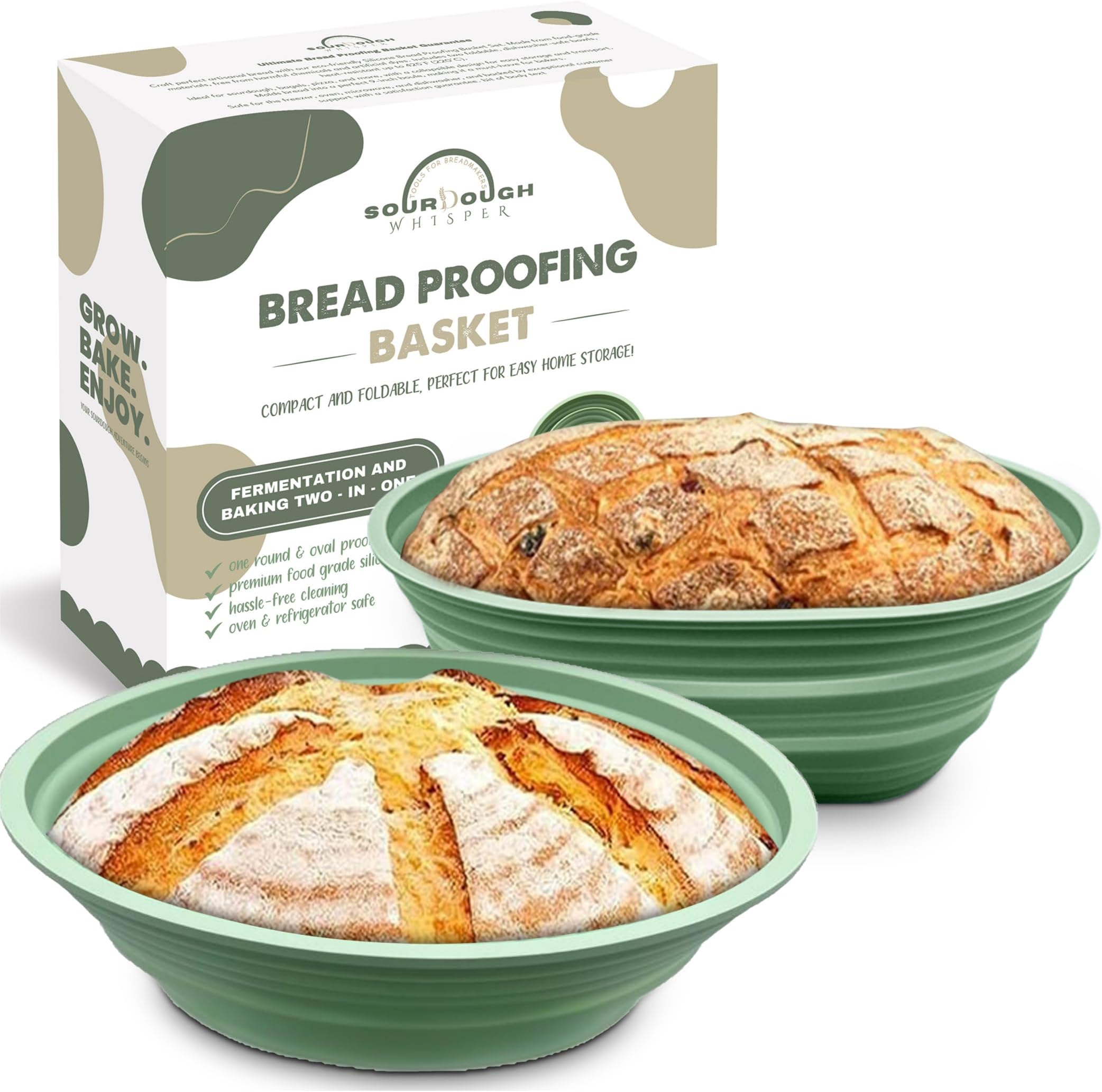 Premium Silicone Sourdough Banneton Bread Proofing Basket - Includes Oval & Round Foldable proofing Bowls (9.5 Inch) - Oven & Dishwasher Safe, Gifts for Artisan Bakers - Sage Green