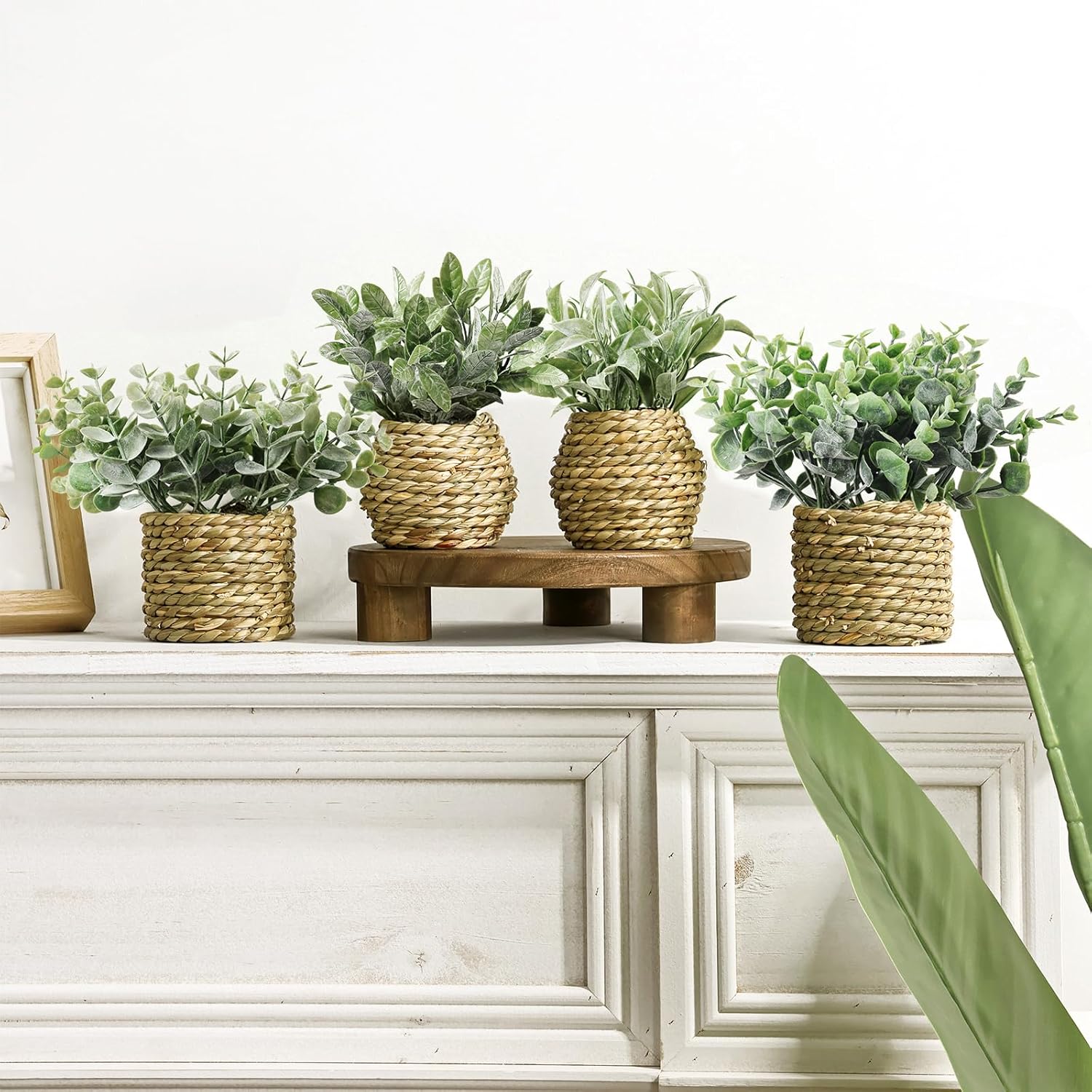 Small Fake Potted Plants: 7 Inches Artificial Plants with Seagrass Handwoven Planters, Indoor Farmhouse Decorations, Eucalyptus Plant for Home Bathroom Office Shelf Tabletop Desk Room Decor or Gift - Image 8