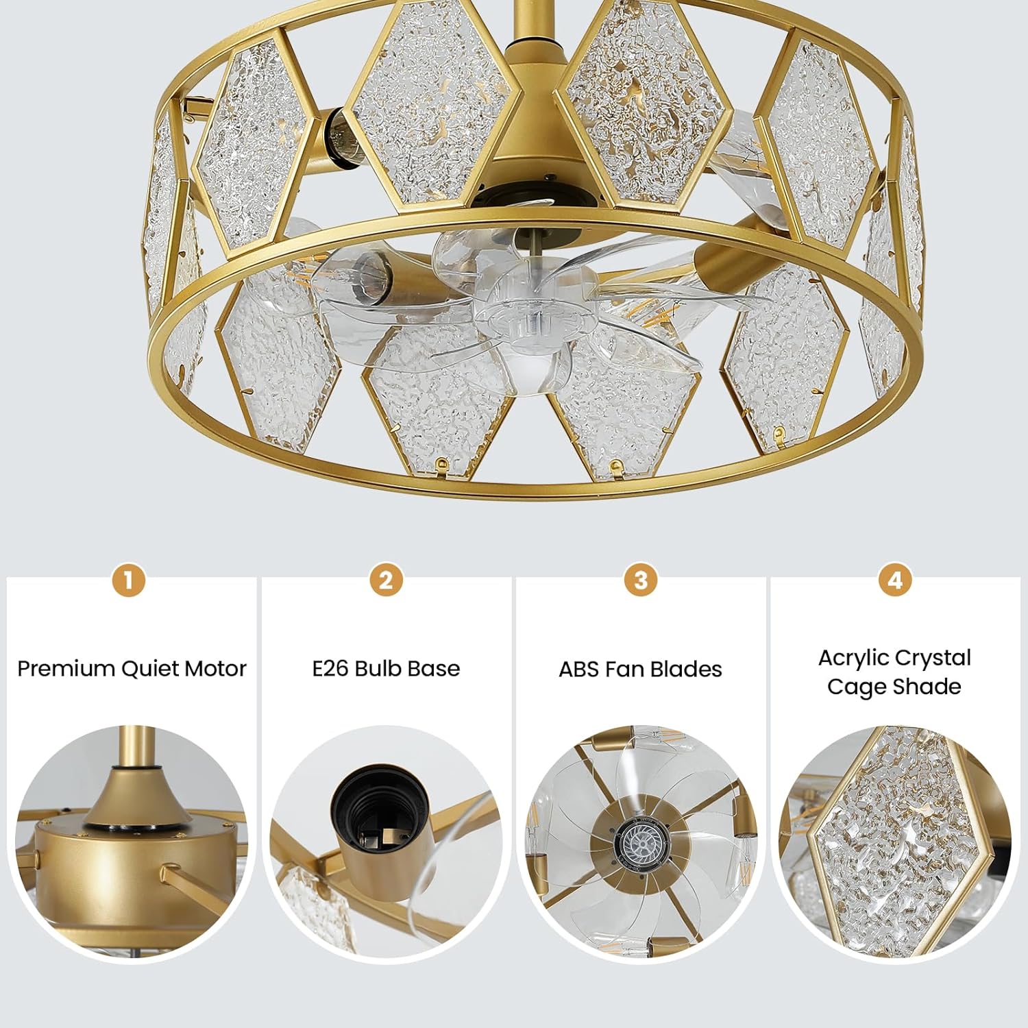 Gold Ceiling Fan with Light and Remote, 19 Inch Modern Fandelier Ceiling Fan with Brushless DC Motor, Crystal Drum Ceiling Fan with 6 Speeds and Reversible Function for Bedroom Dining Room