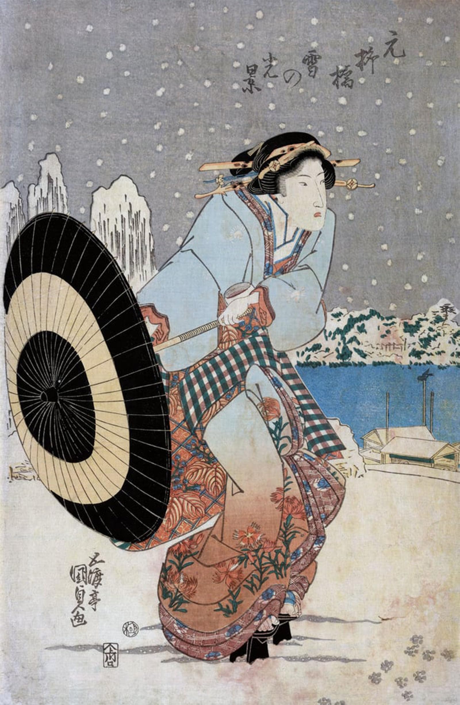 POSTERIIk Vintage Print Pop Art Landscape Artwork Night Snow Scene At Motonoyanagi Bridge by Utagawa Kunisada Art Prints for Office Home Decor 60x90cm