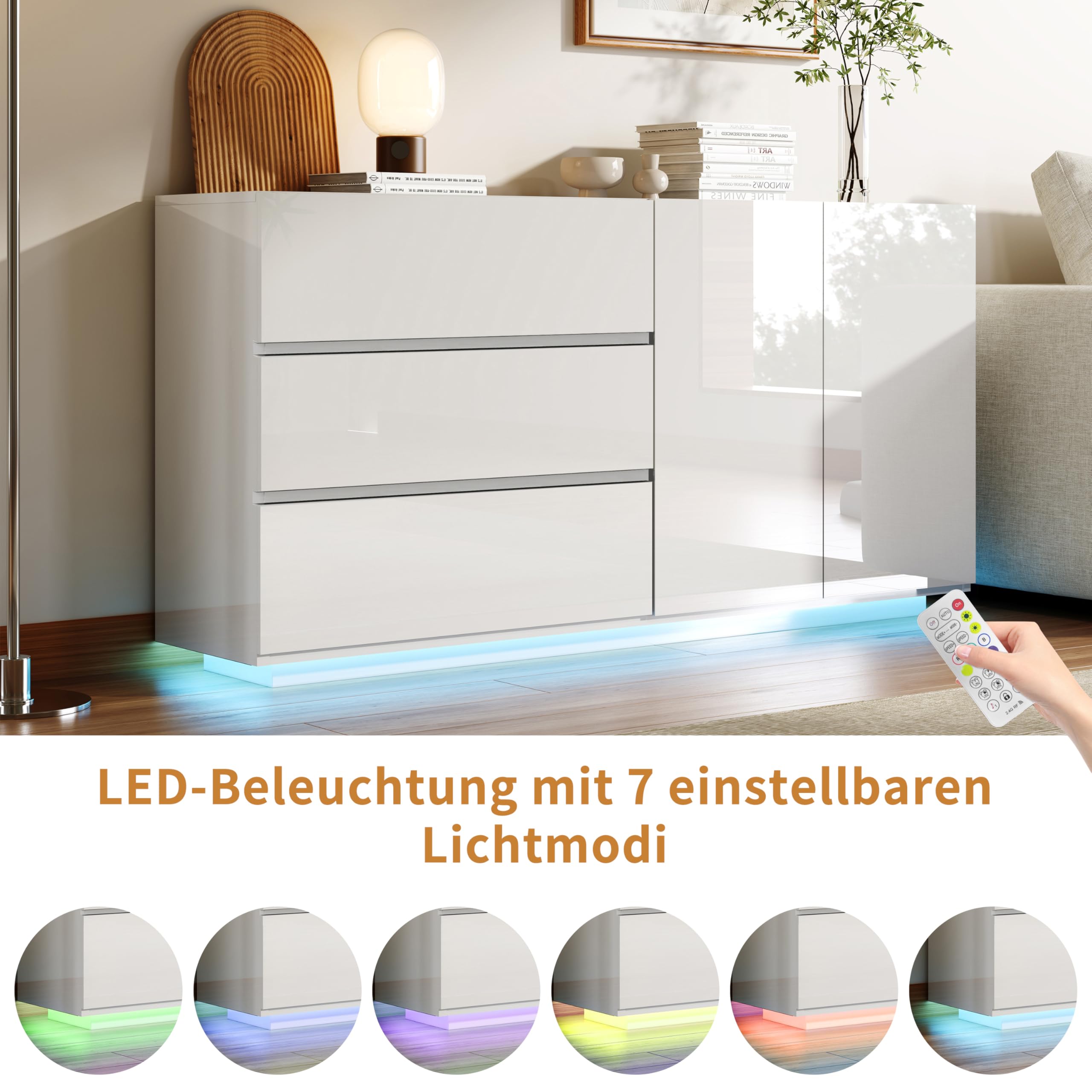 DULRLLY Kommode Weiß Hochglanz mit LED Beleuchtung, Sideboard Weiss Hochglanz 160cm mit 2 Türen und 3 Schubladen, Küchenschrank Buffets Anrichte, Buffetschrank Modern für Schlafzimmer Esszimmer Flur