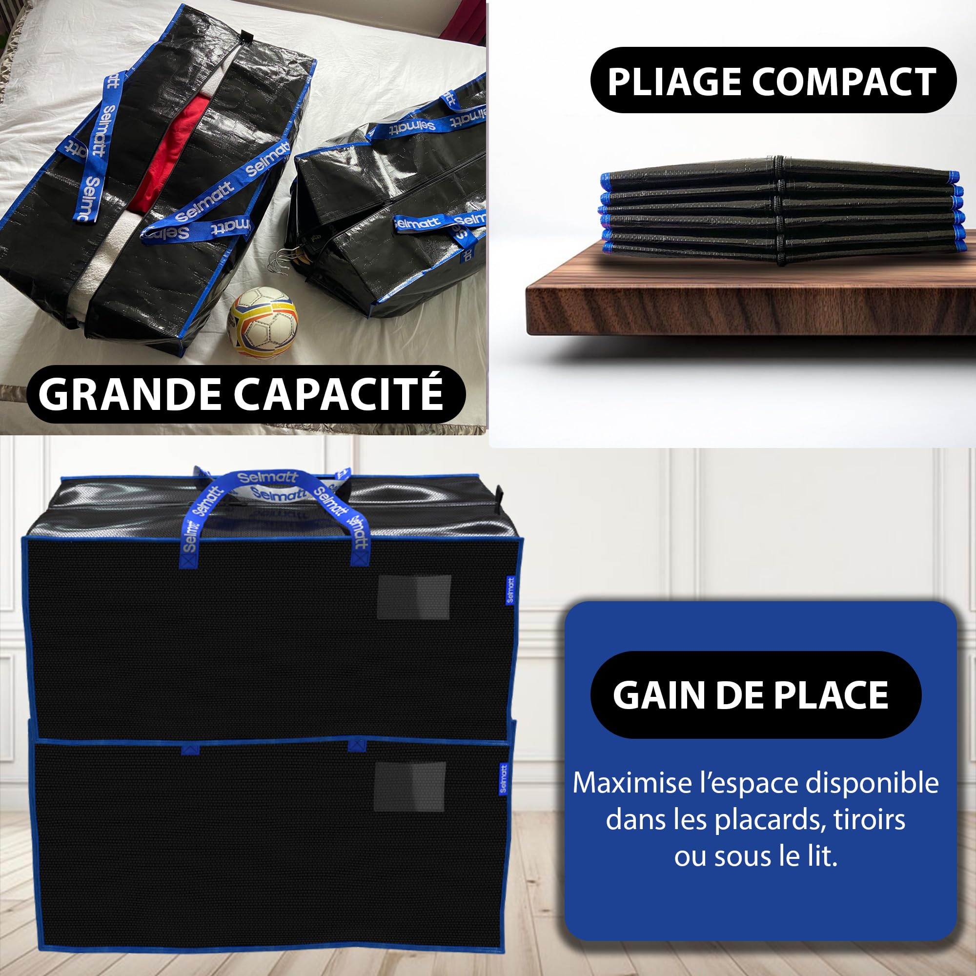 Sacs de déménagement XXL 104L grand format solides et renforcés – rangement vêtements, couettes, jouets – alternative aux cartons – sac de transport robuste (Lot de 5)