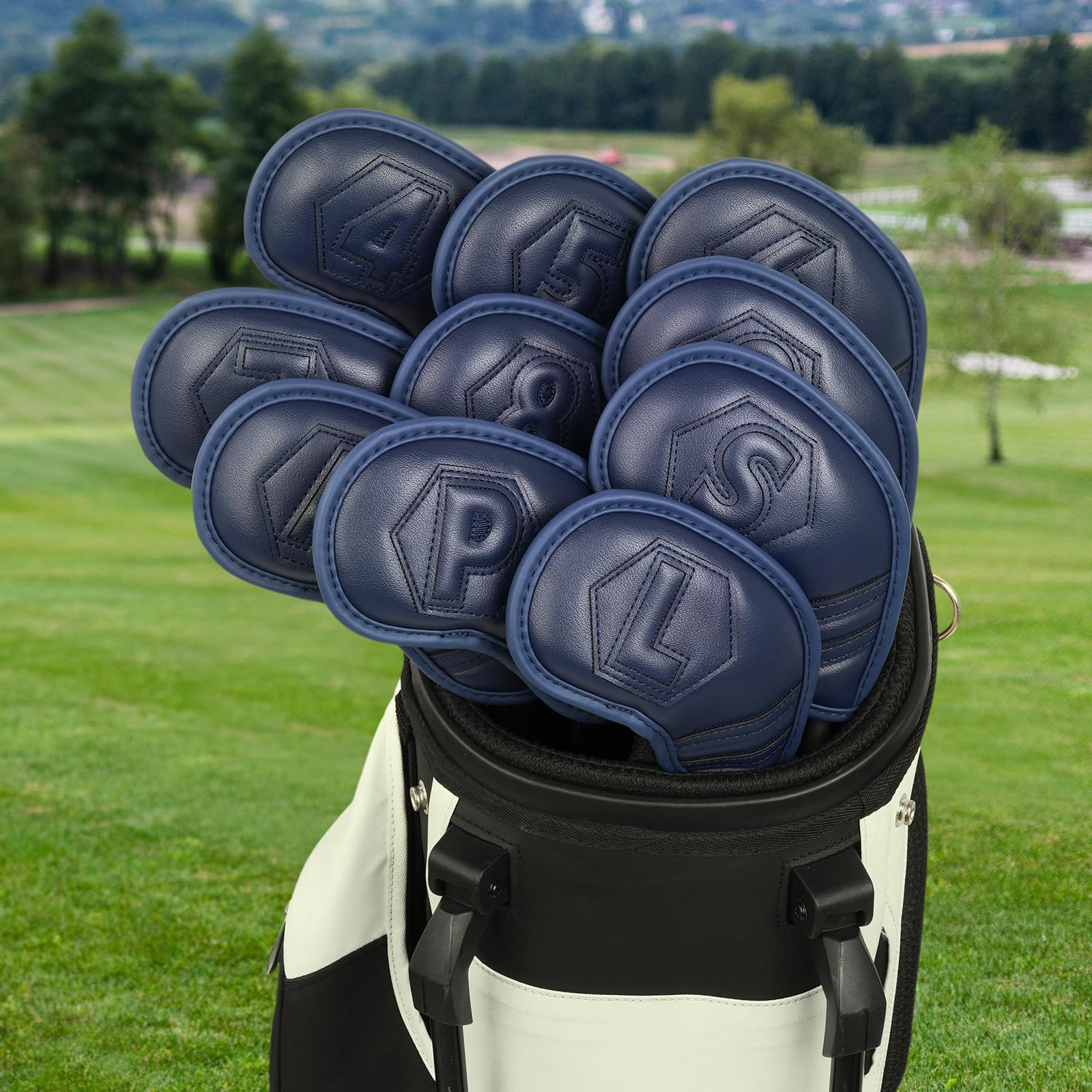 Magnetic Golf Iron Covers Set 10 Pcs Golf Iron Headcovers PU Leather Easy Off/On Protective Cover, Black/White