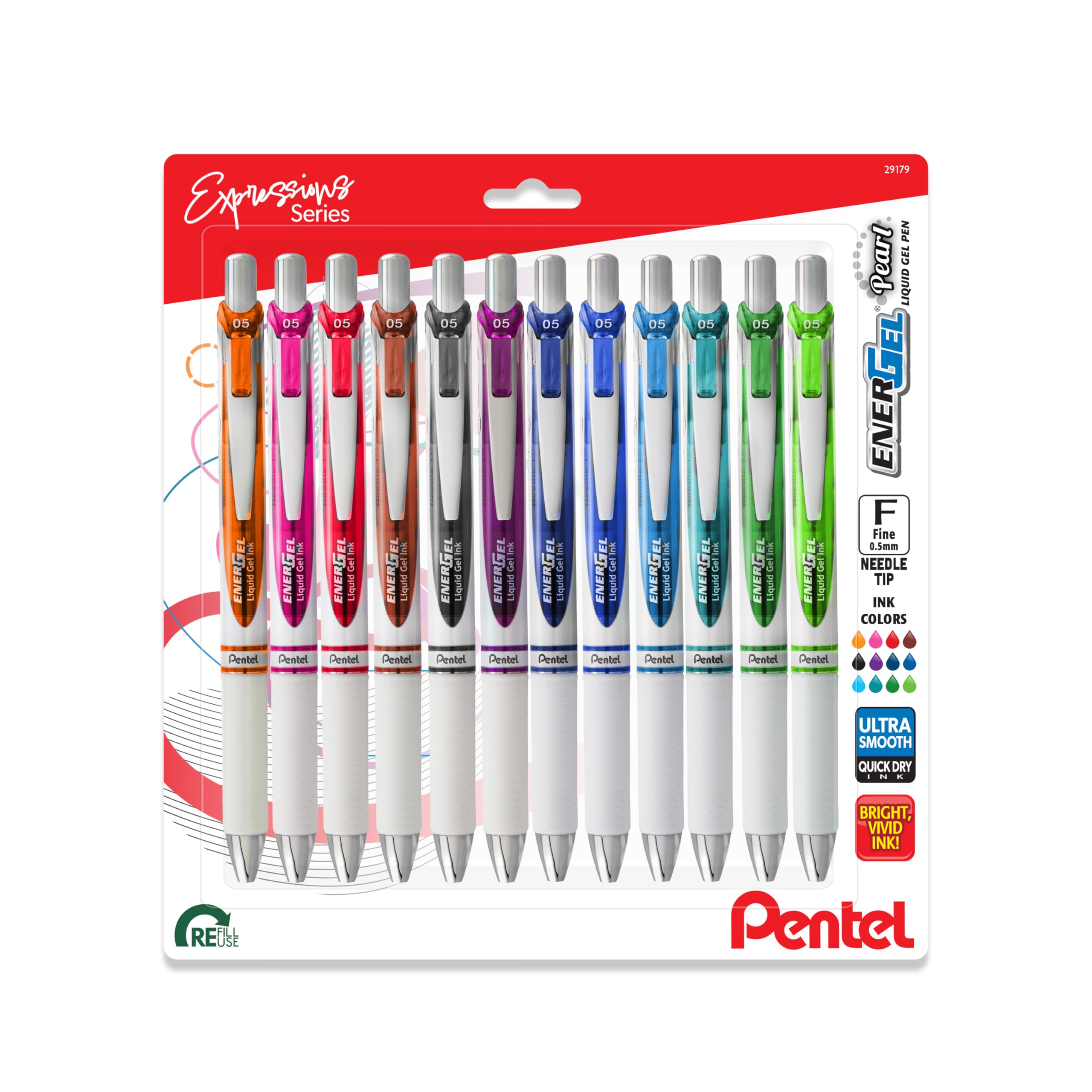 EnerGel RTX Pearl Liquid Gel Pen, (0.5mm) Needle Tip, Fine Line, Asstd. Ink, 12-Pk